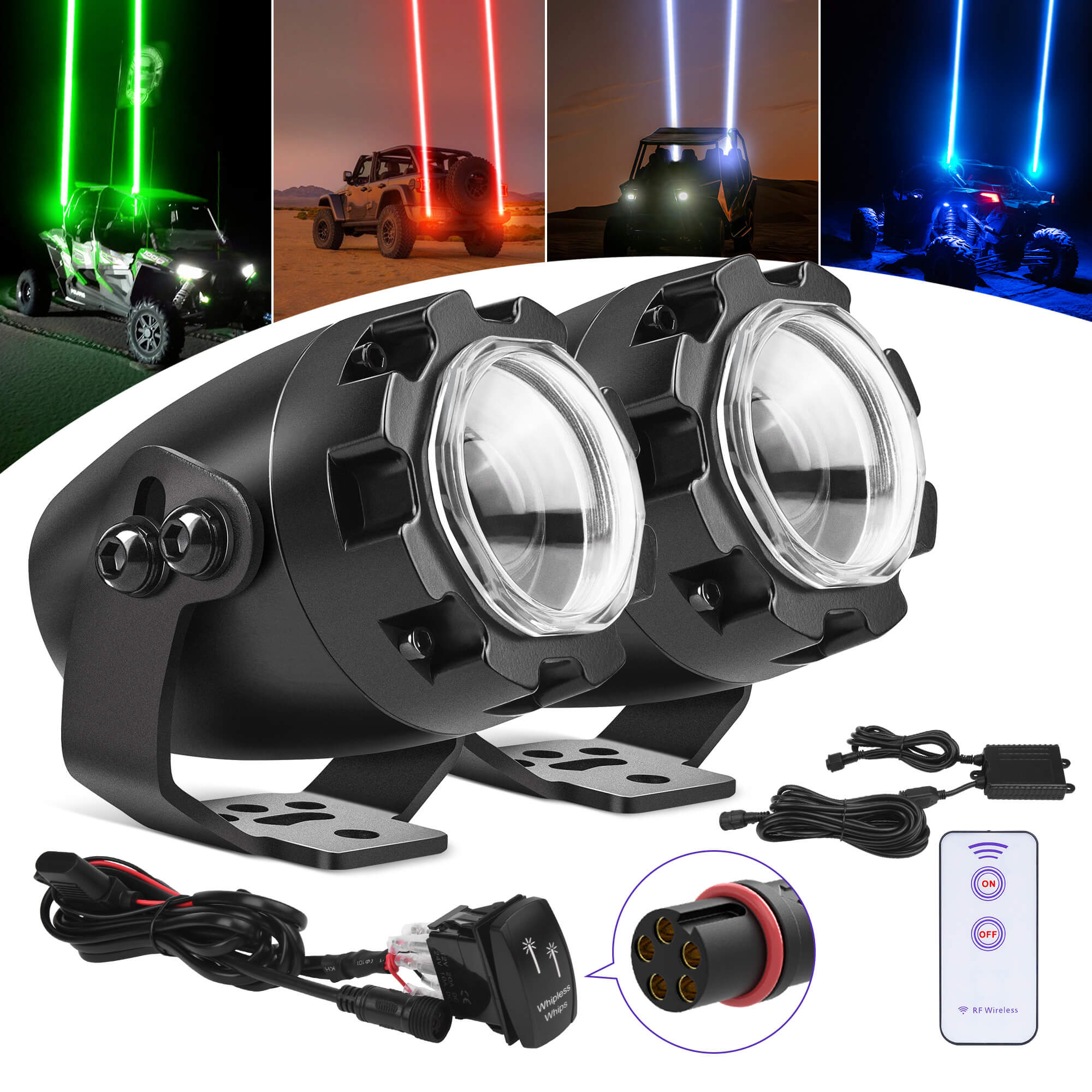 48W LED Whip Lights Square/Round, Whipless Antenna, Spot Beam Pod Lights LED, Rocker Switch & Remote Control