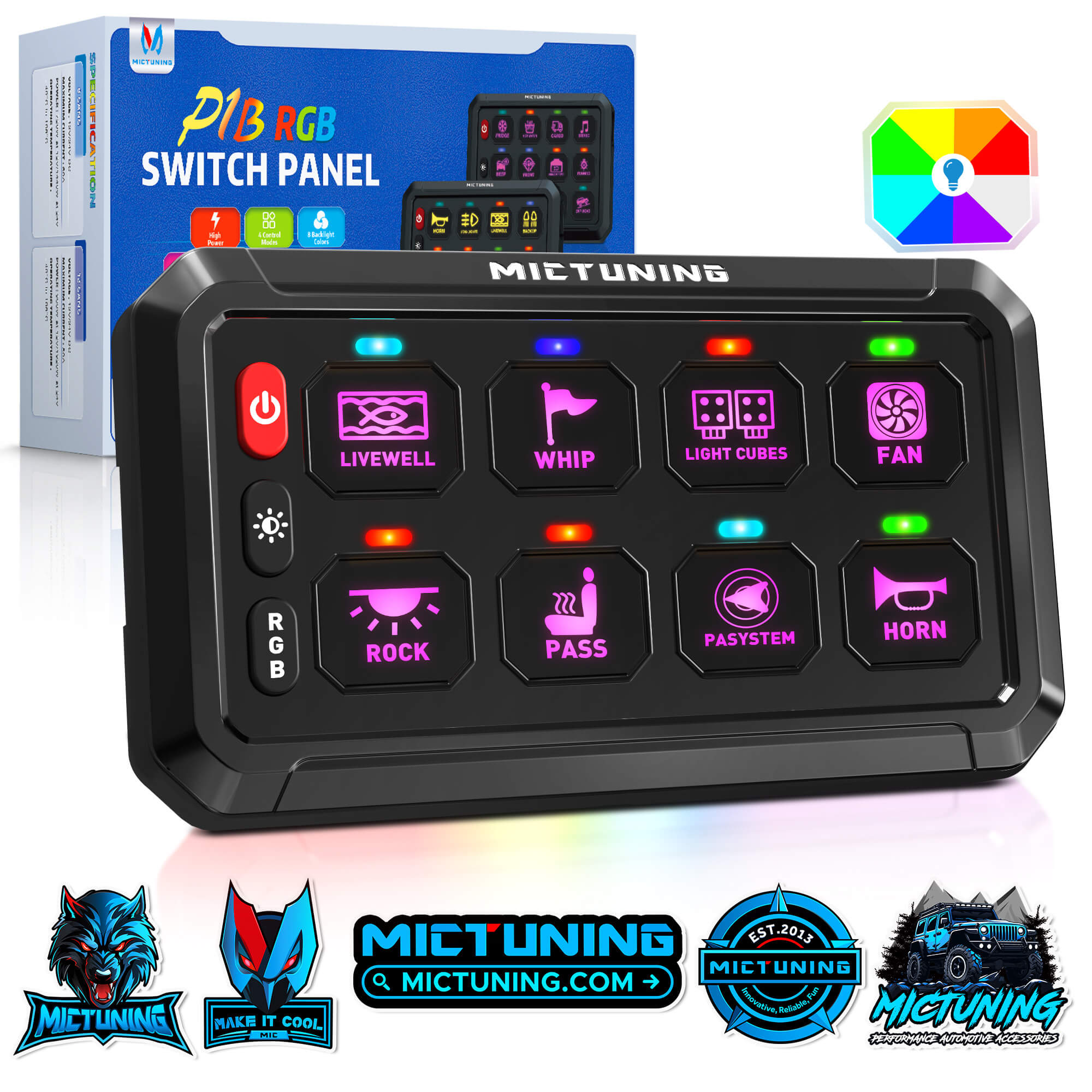 New P1B RGB 5" 8/12 Gang Switch Panel, Color-Coded LED Indicator with Off Backlight