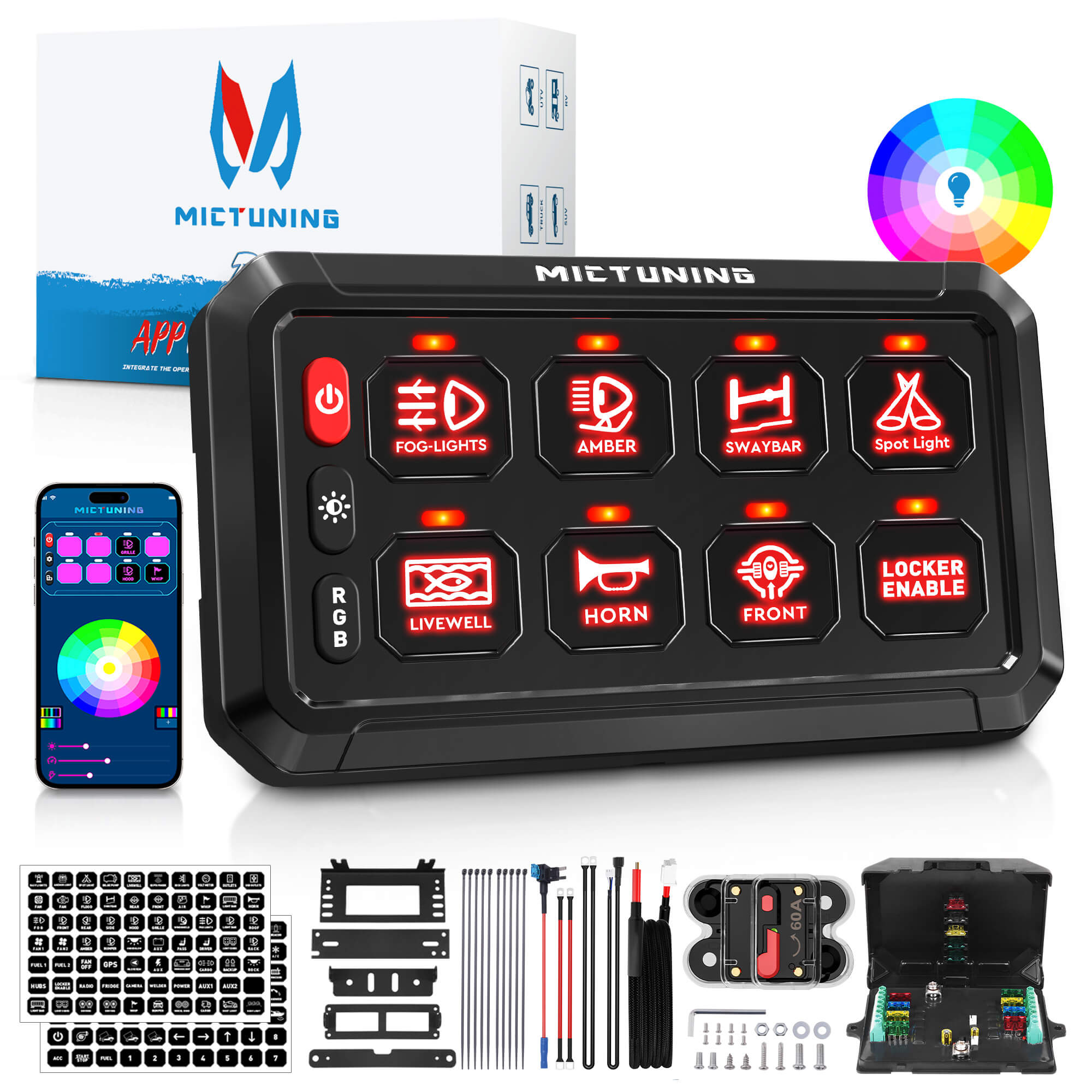 Bluetooth 8/12 Gang 5" RGB Switch Panel P1s, High Power 5-Level Brightness, Multifunction Touch Toggle Switch