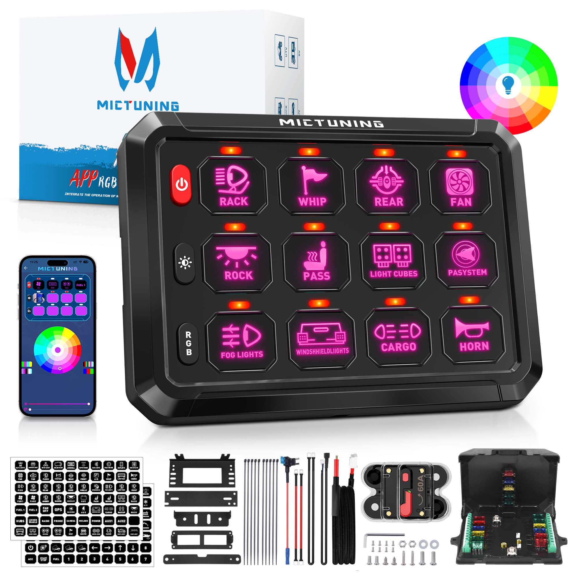 Bluetooth 8/12 Gang 5" RGB Switch Panel P1s, High Power 5-Level Brightness, Multifunction Touch Toggle Switch