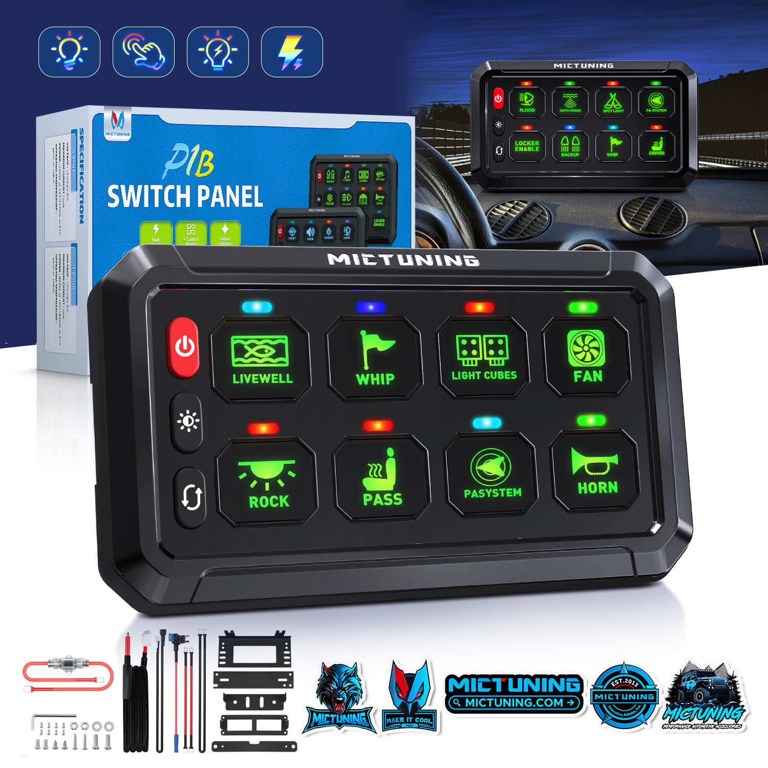 New P1B Blue/Green 5" 8/12 Gang Switch Panel, Color-Coded LED Indicator with Off Backlight