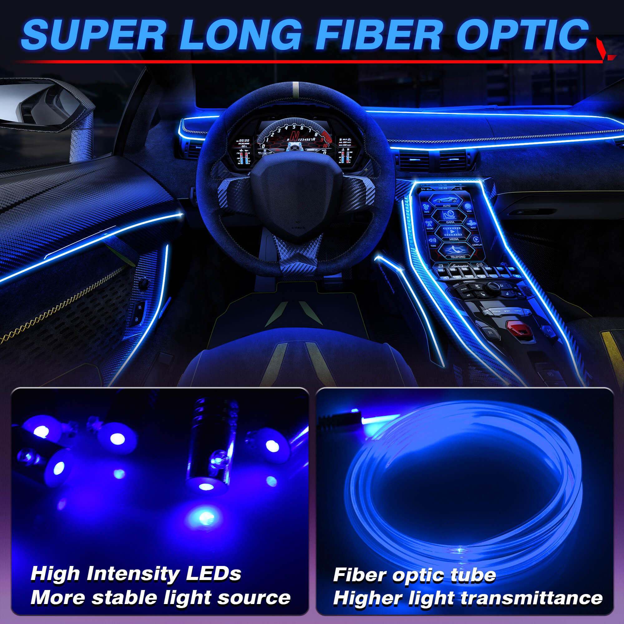 Interior Car LED Strip Lights, RGB 8 in 1 Car Neon Ambient Lighting Kits with 400 inches Fiber Optic tubing MICTUNING