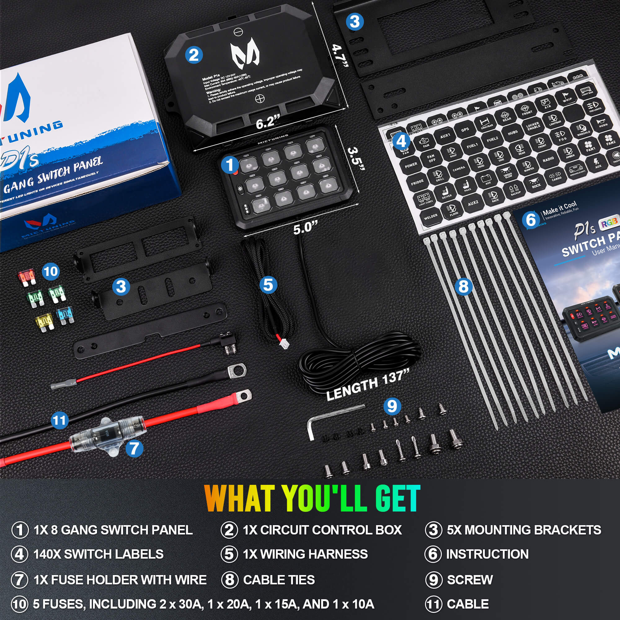 Upgraded P1s-X RGB 5" 8/12 Gang Switch Panel with Backlit Off, Multifunction Toggle Momentary Strobe Pulsed Switch Pod