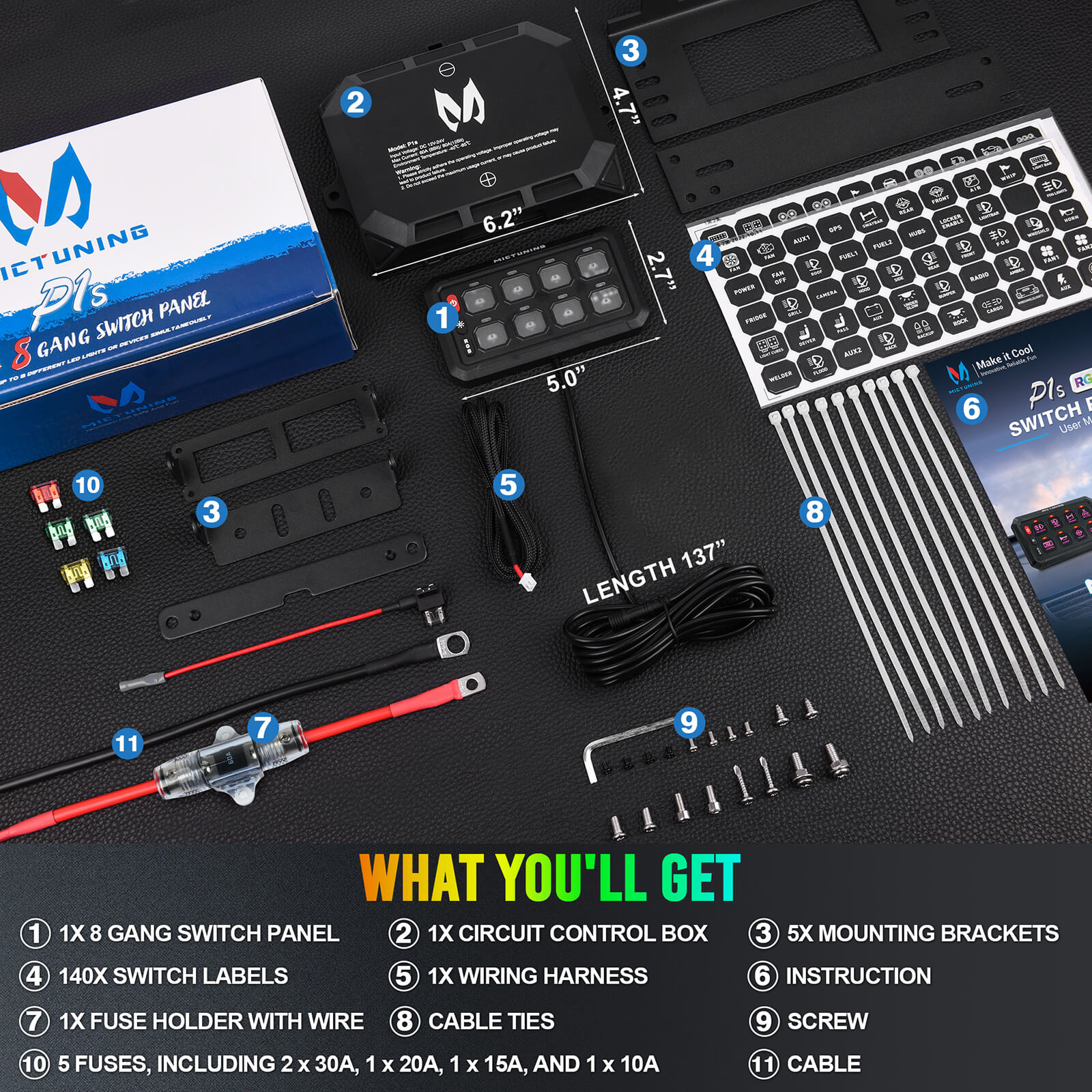 Upgraded P1s-X RGB 5" 8/12 Gang Switch Panel with Backlit Off, Multifunction Toggle Momentary Strobe Pulsed Switch Pod