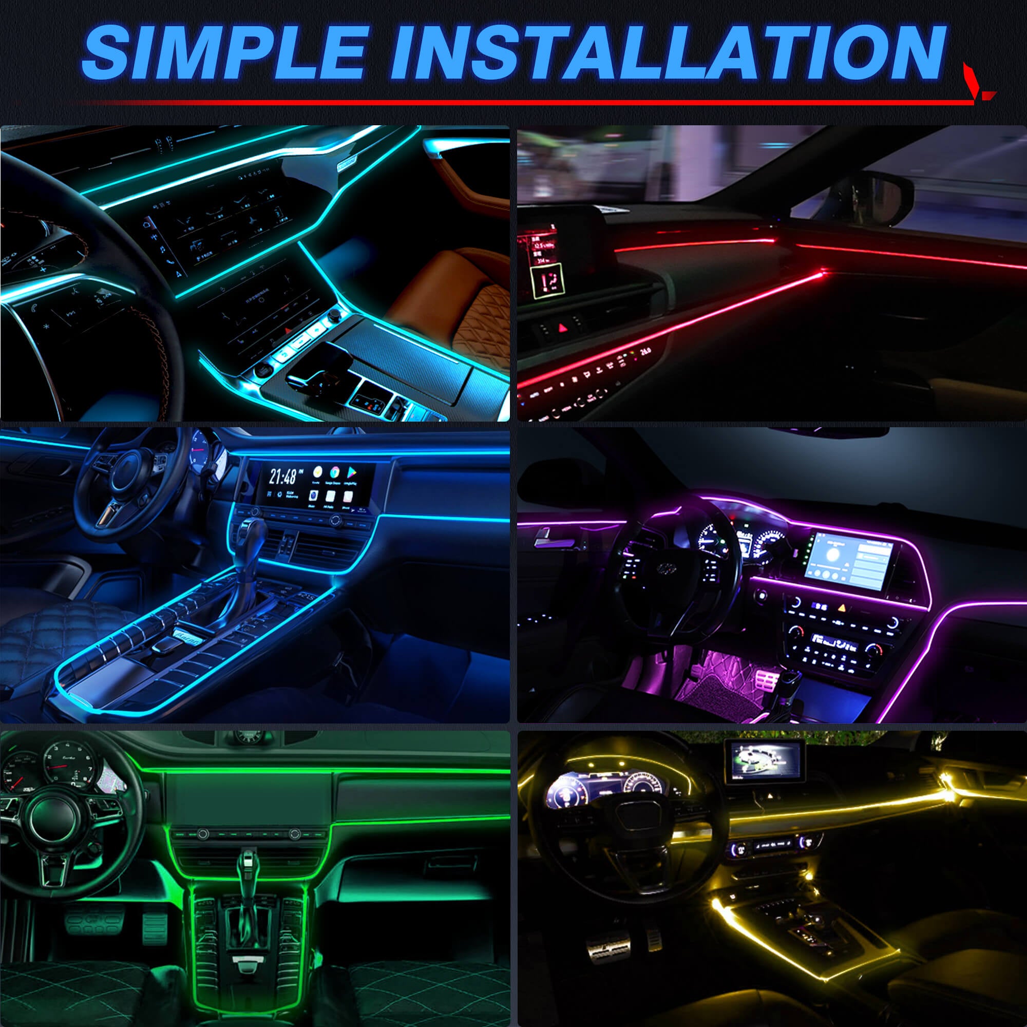 Interior Car LED Strip Lights, RGB 8 in 1 Car Neon Ambient Lighting Kits with 400 inches Fiber Optic tubing MICTUNING