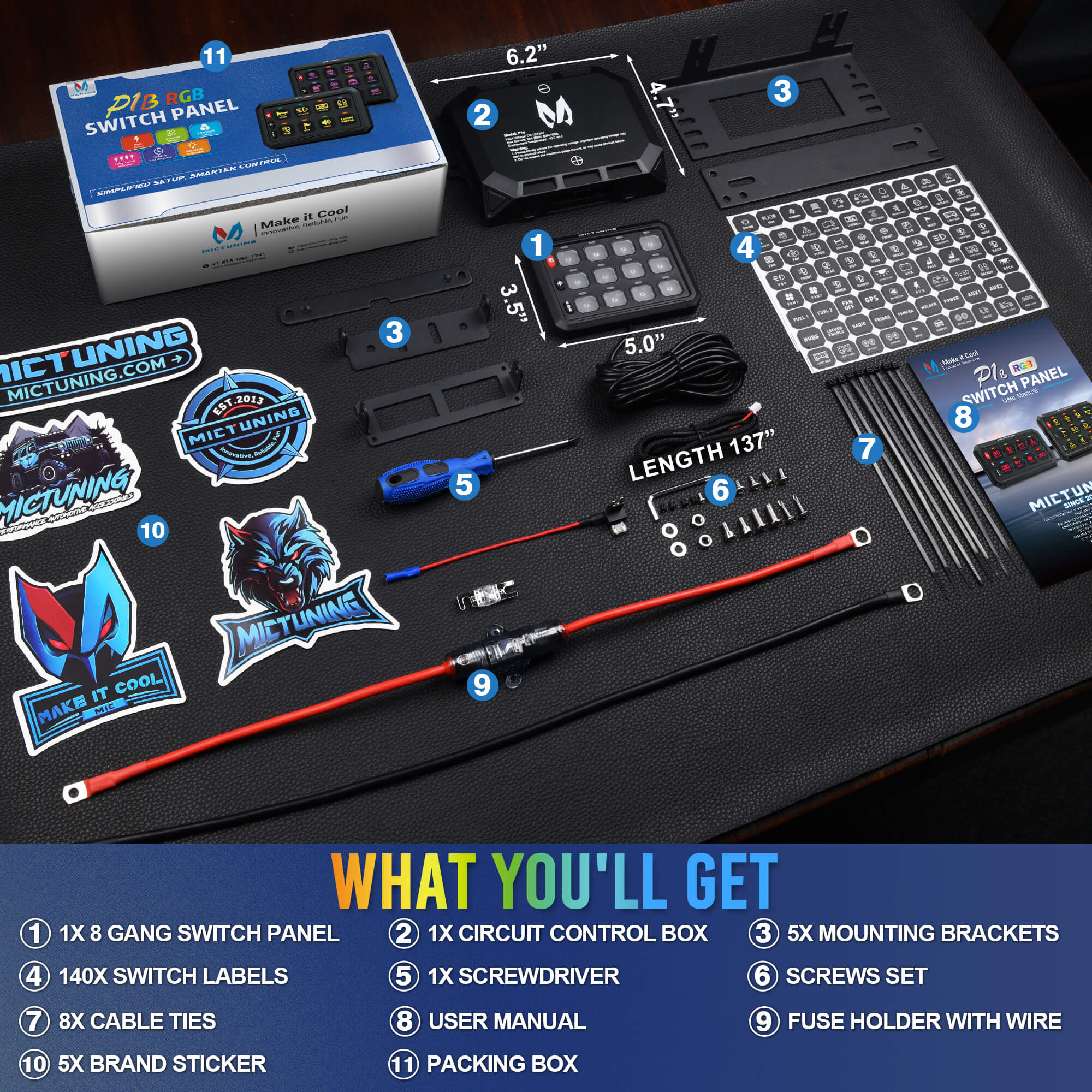 New P1B RGB 5" 8/12 Gang Switch Panel, Color-Coded LED Indicator with Off Backlight