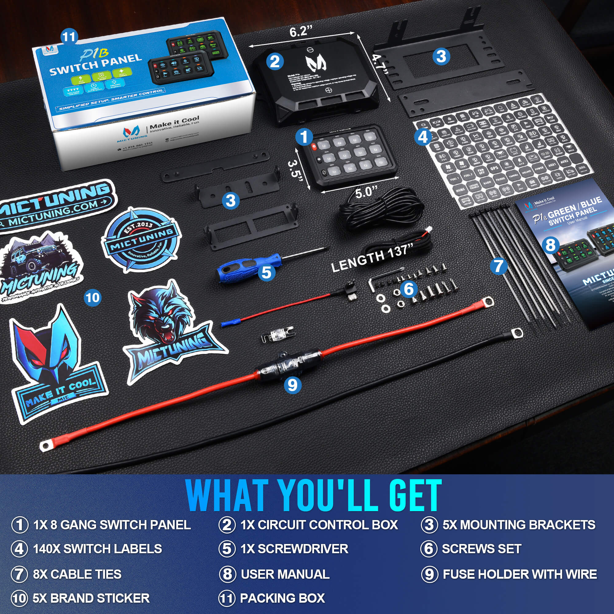 New P1B Blue/Green 5" 8/12 Gang Switch Panel, Color-Coded LED Indicator with Off Backlight