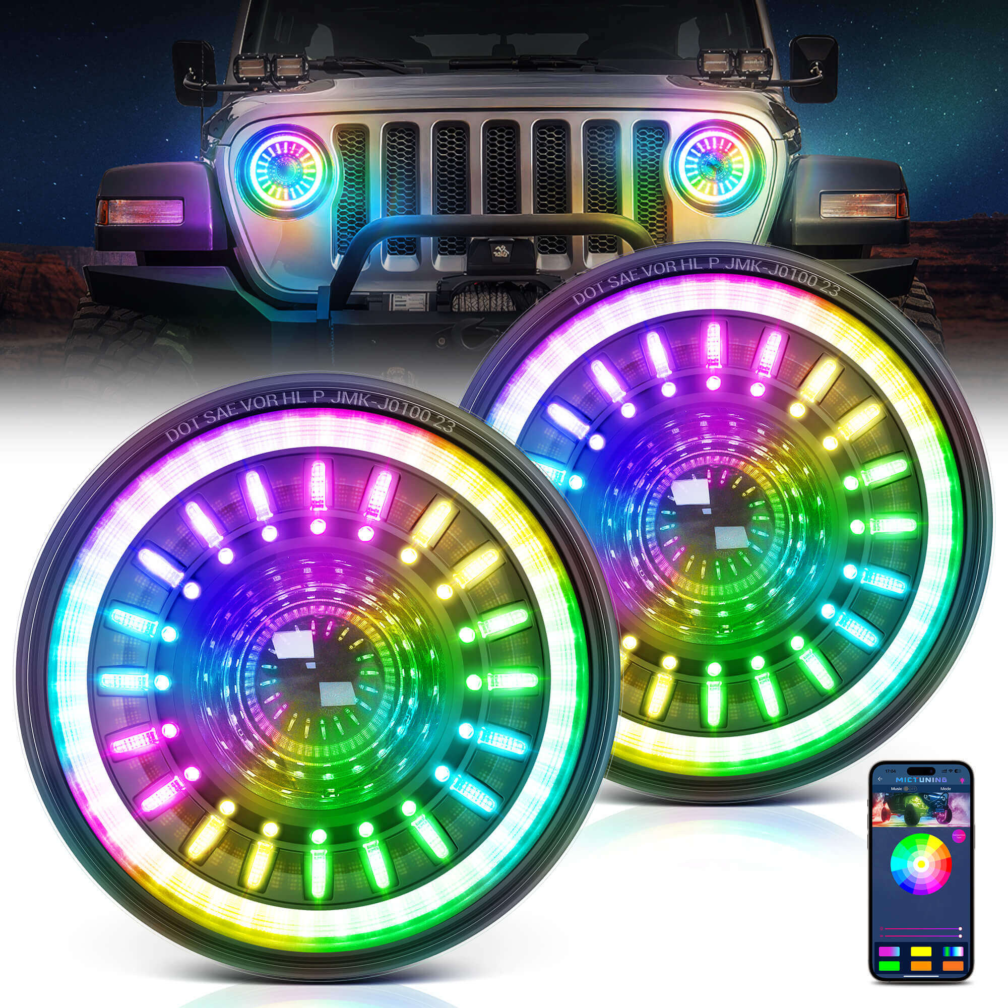 J1 RGB+IC 7″ LED Headlights with Fog Lights Assembly, Multi-color Chasing, DOT Approved For 1997-2018 Jeep Wrangler TJ JK Chevy Ford GMC