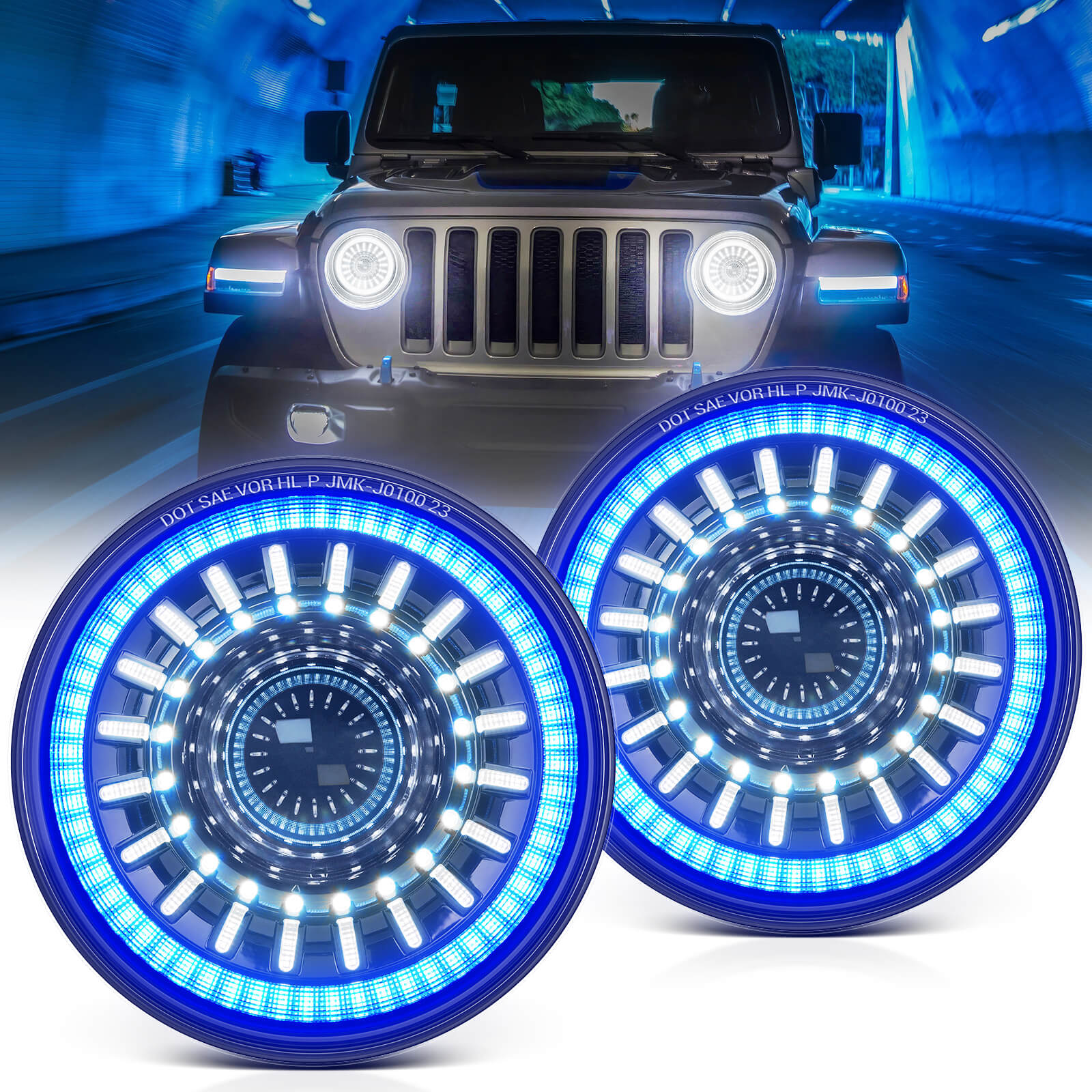 J1 7″ LED Headlights with Blue Welcome Halo Bundle with Bluetooth RGB Switch Panel P1s