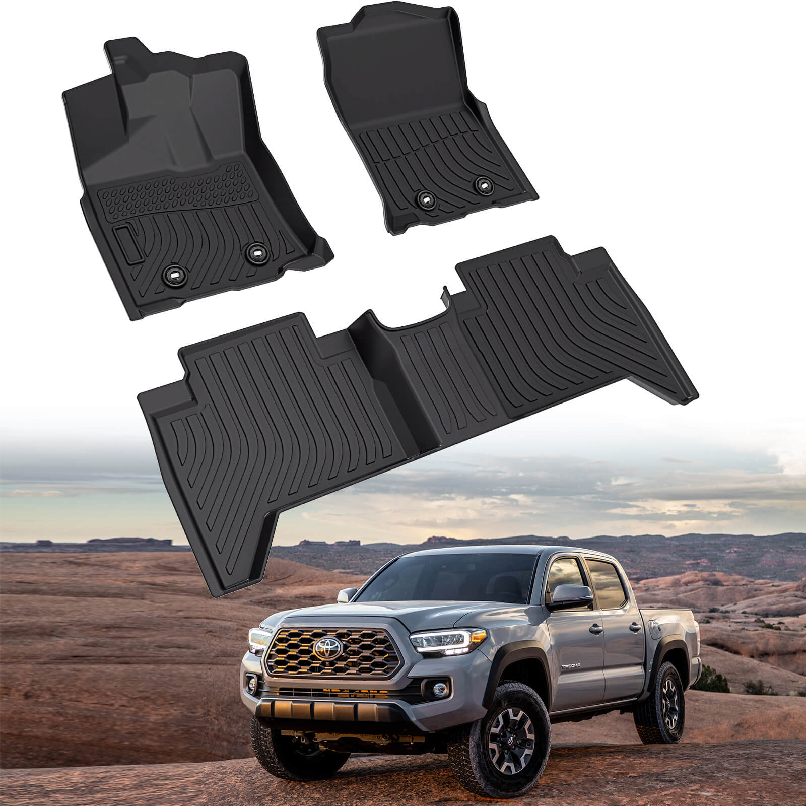 For Toyota Tacoma 2018-2023 Double Cab Floor Mats, 1st & 2nd Row Liner Set, Custom Fit TPE All Weather Car Liners