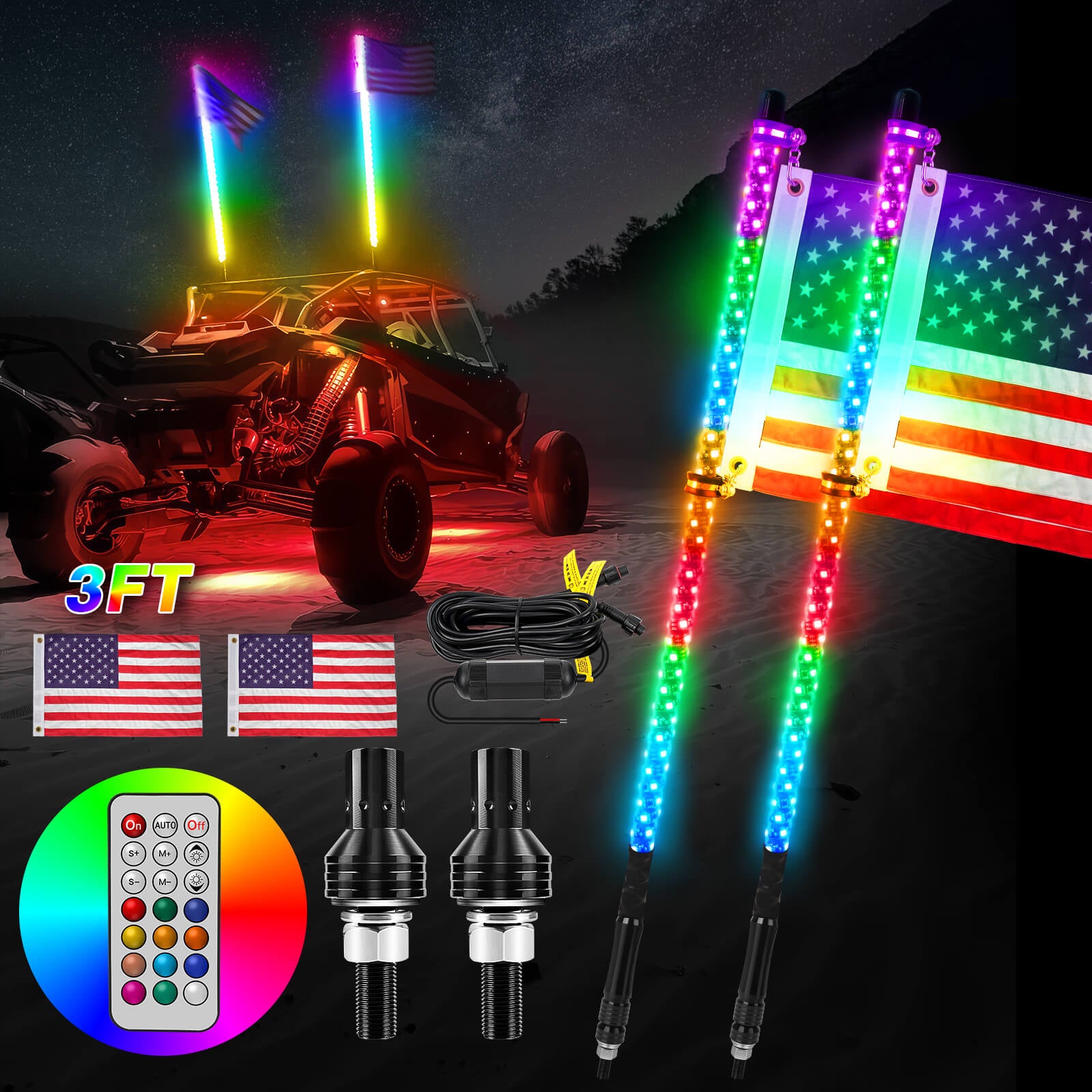 3FT/4FT Remote Control LED Whip Lights with Flag 2pcs - 360° Spiral RGB+IC Dream Flow Chasing Mode Multi-Colors Lighted Whips