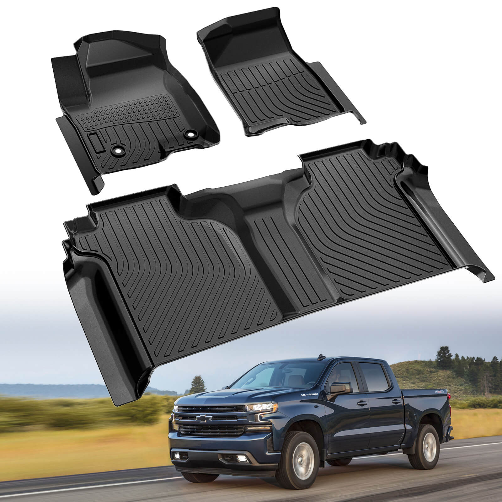 For Chevrolet Chevy Silverado 1500 2019-2024 Floor Mats, 1st & 2nd Row Liner Set, Custom Fit TPE All Weather Car Liners