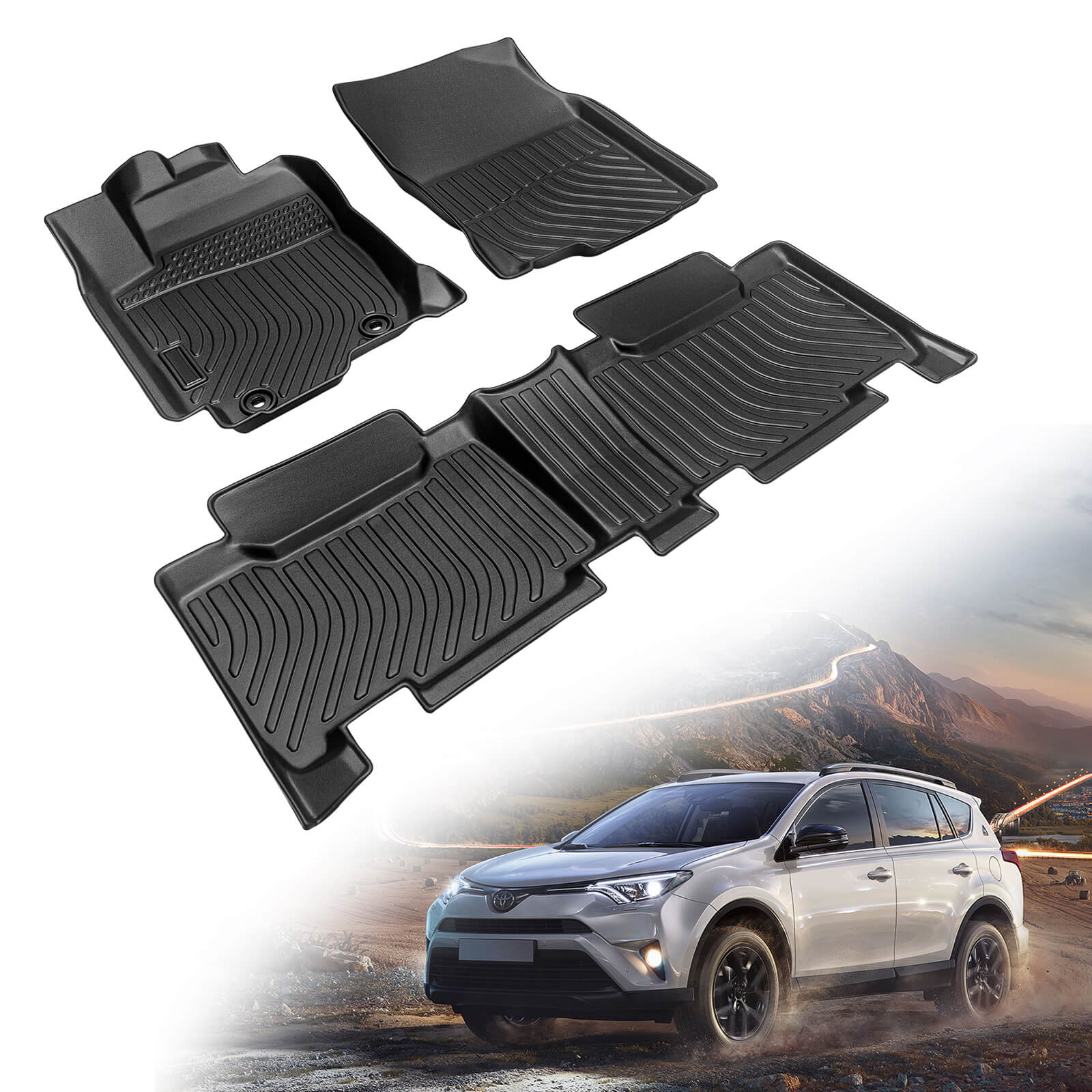 For Toyota RAV4 2013-2018 Floor Mats, 1st & 2nd Row Liner Set, Custom Fit TPE All Weather Car Liners