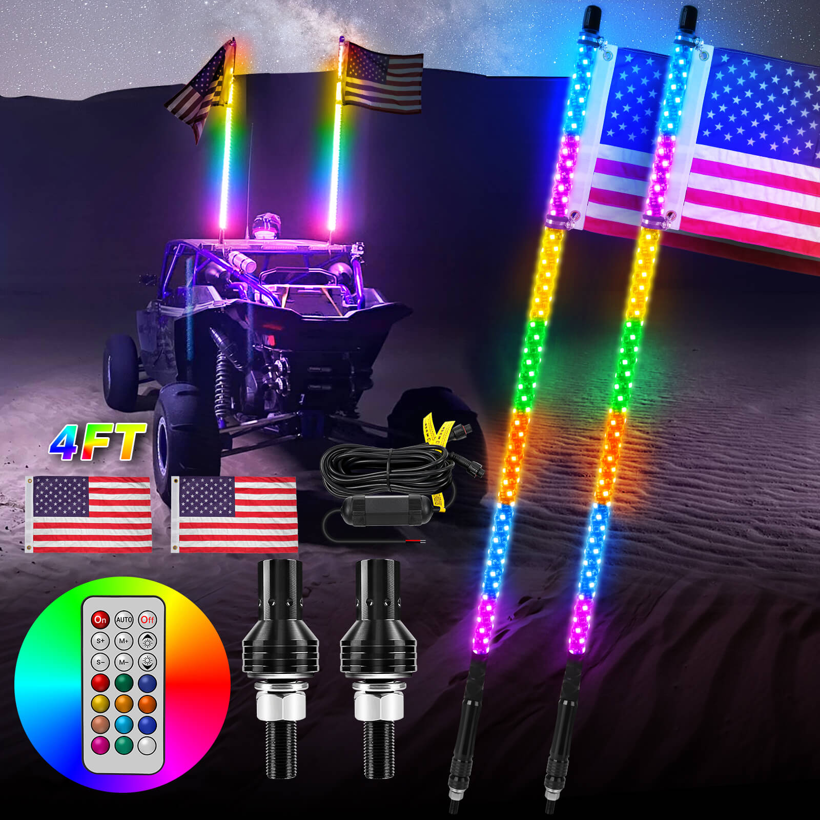 3FT/4FT Remote Control LED Whip Lights with Flag 2pcs - 360° Spiral RGB+IC Dream Flow Chasing Mode Multi-Colors Lighted Whips