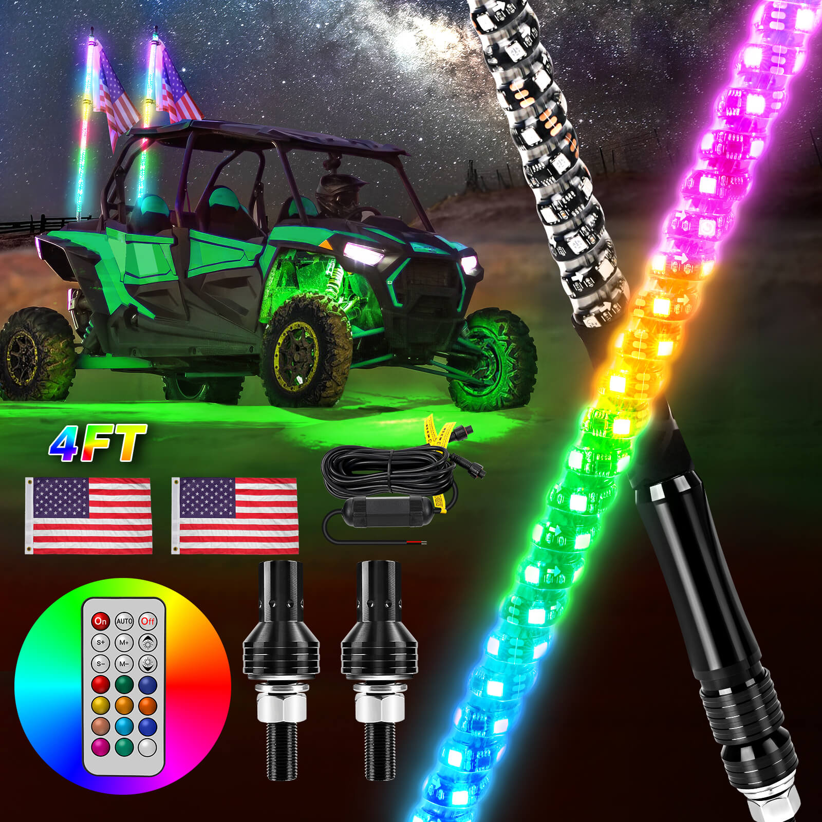 3FT/4FT Remote Control LED Whip Lights with Flag 2pcs - 360° Spiral RGB+IC Dream Flow Chasing Mode Multi-Colors Lighted Whips