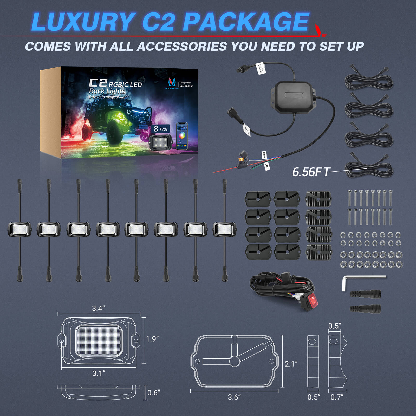 C2 RGB+IC LED Rock Lights Kit Bundle with 15.5″/17″ V1 RGB+IC Wheel Ring Lights Kit