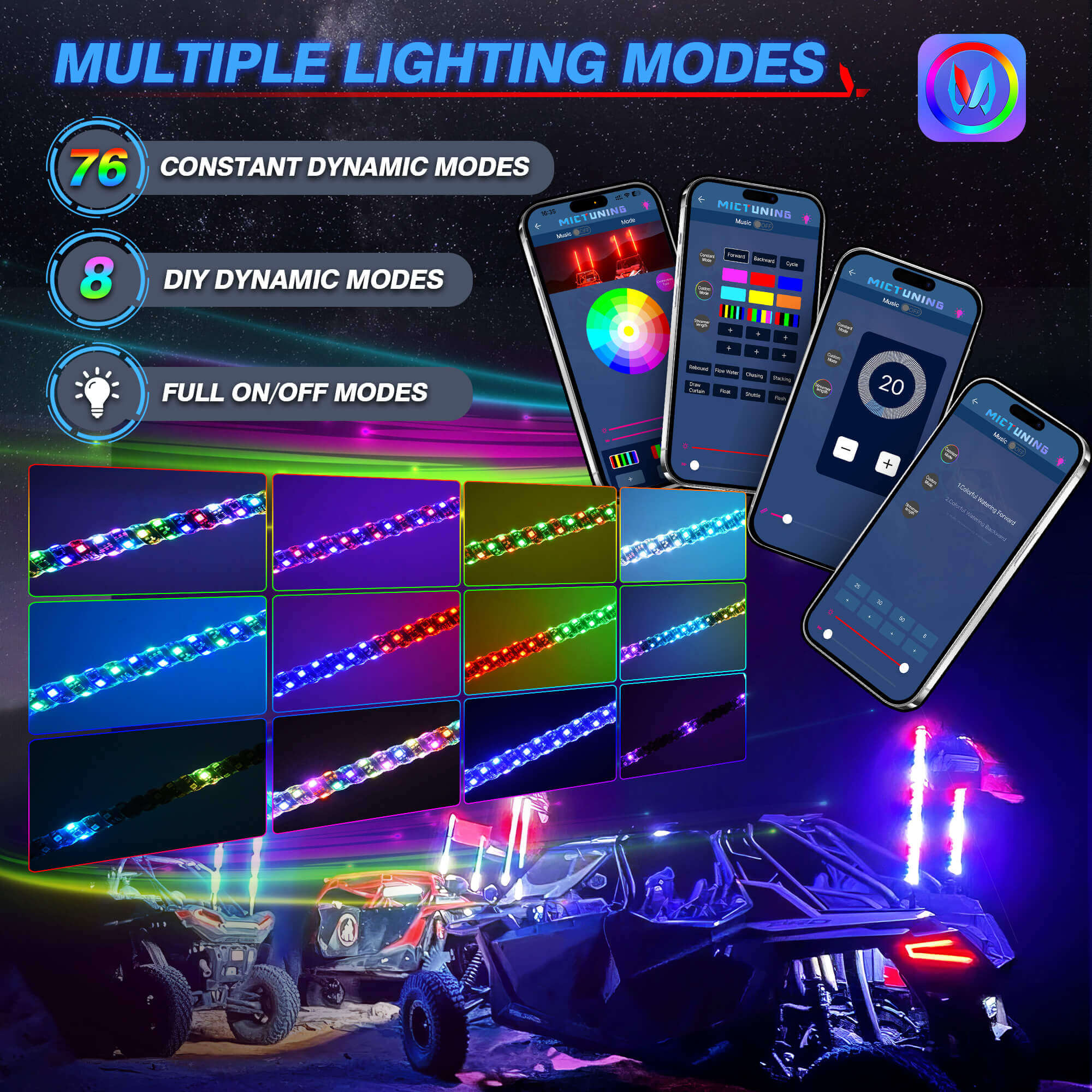 3FT/4FT W1 LED Whip Lights with Flag 2pcs - Spiral Bendable RGB Chasing Color Antenna Whips - Bluetooth App Control