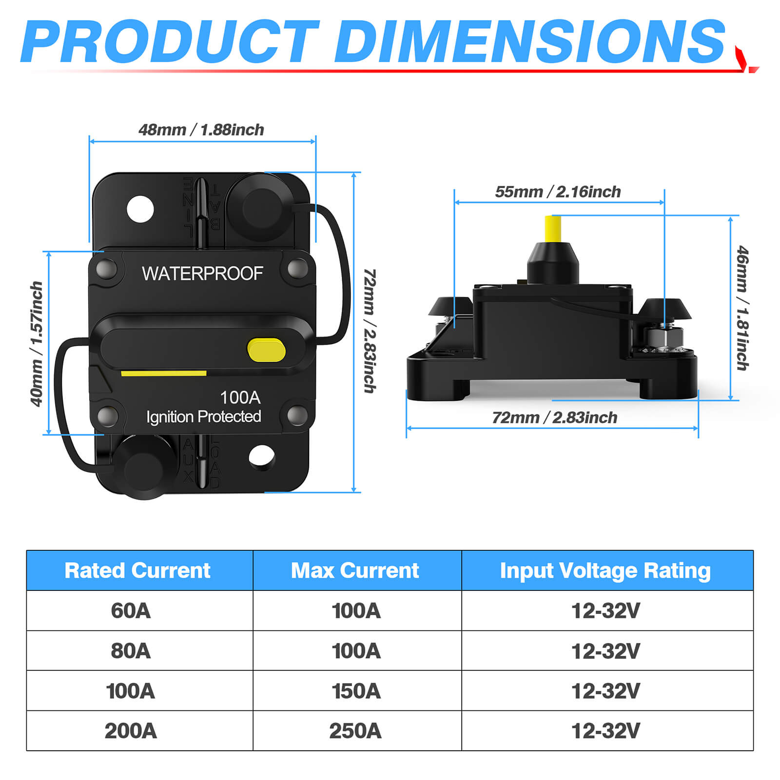 60/80/100/200 Amp Circuit Breaker with Manual Reset Switch, Waterproof Protective Cover