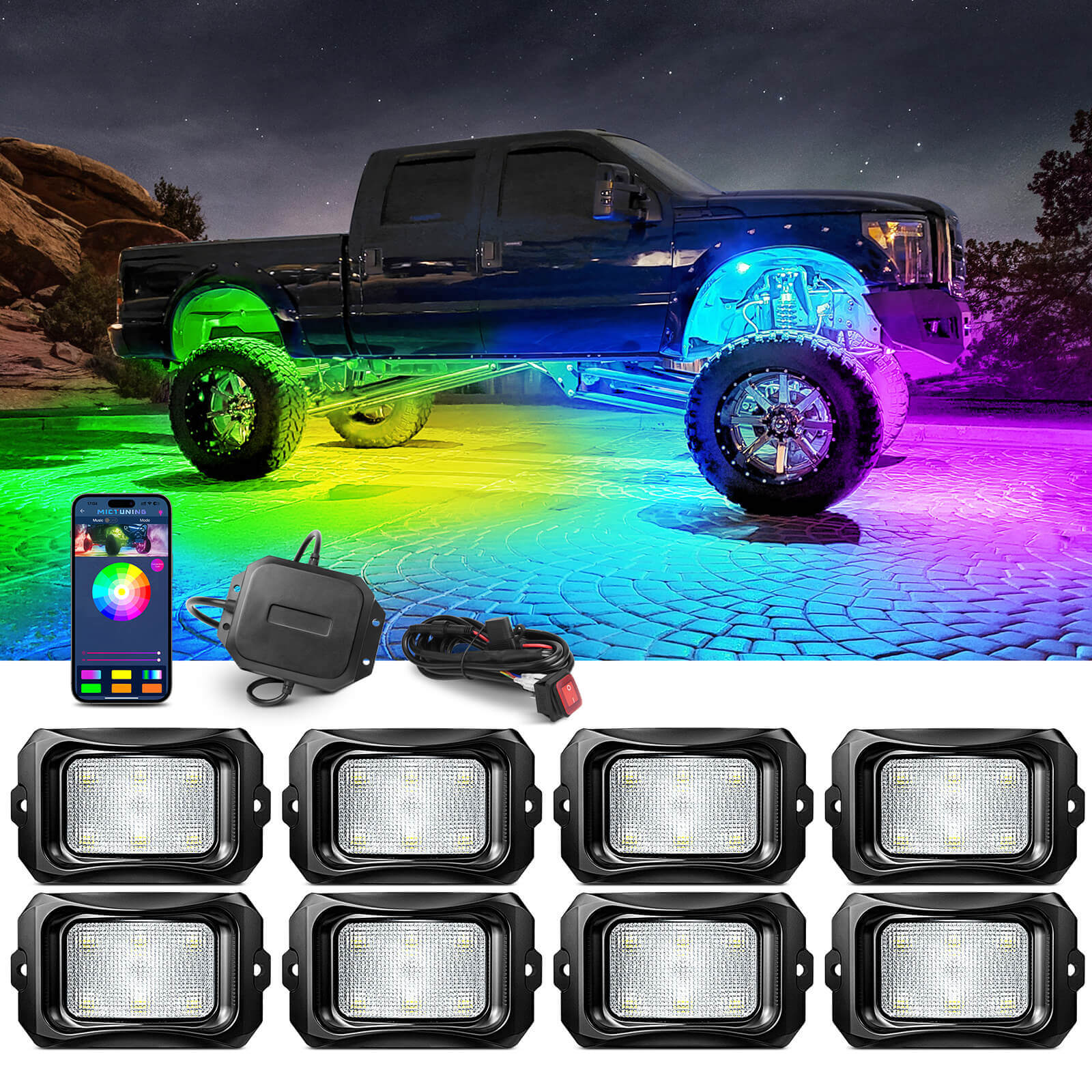 C2 RGB+IC LED Rock Lights Kit Bundle with 15.5″/17″ V1 RGB+IC Wheel Ring Lights Kit