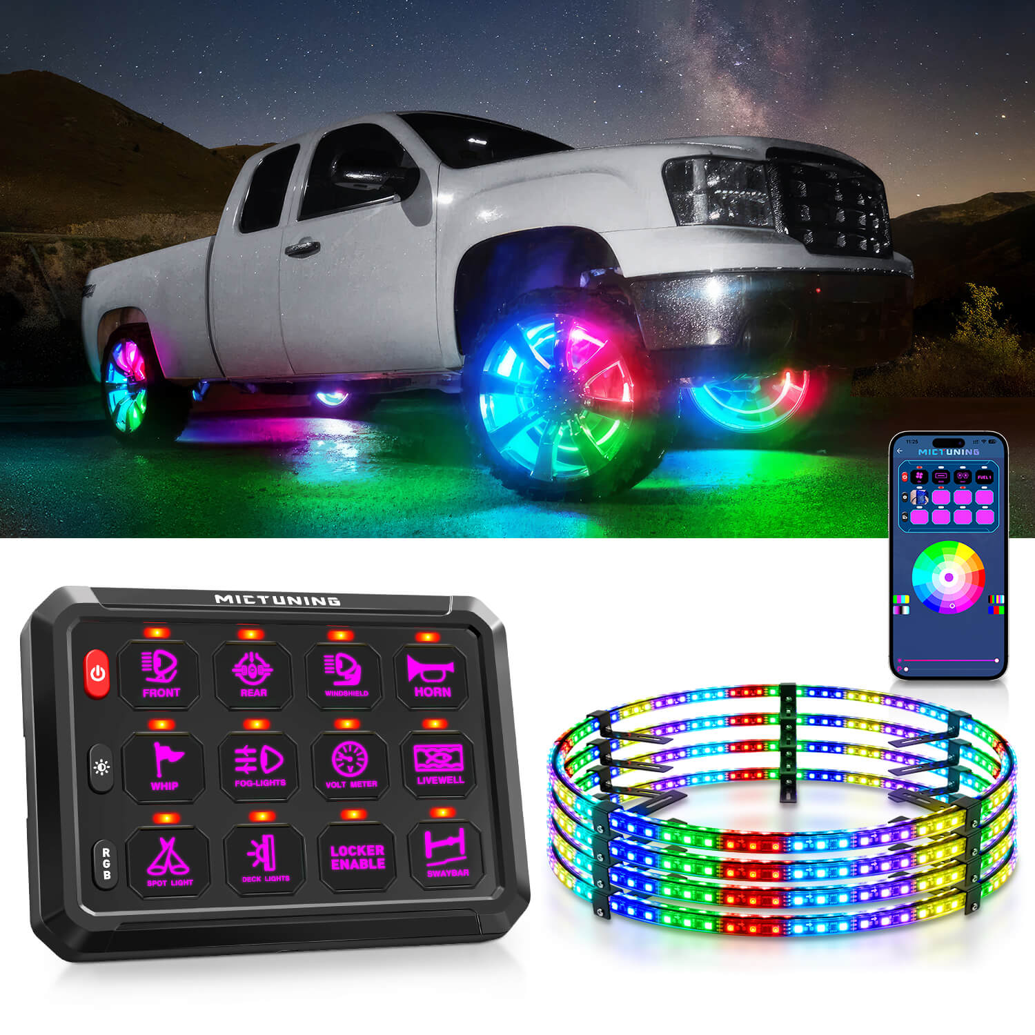 P1s Bluetooth RGB Switch Panel Bundle with V1 RGB+IC Wheel Ring Lights Kit