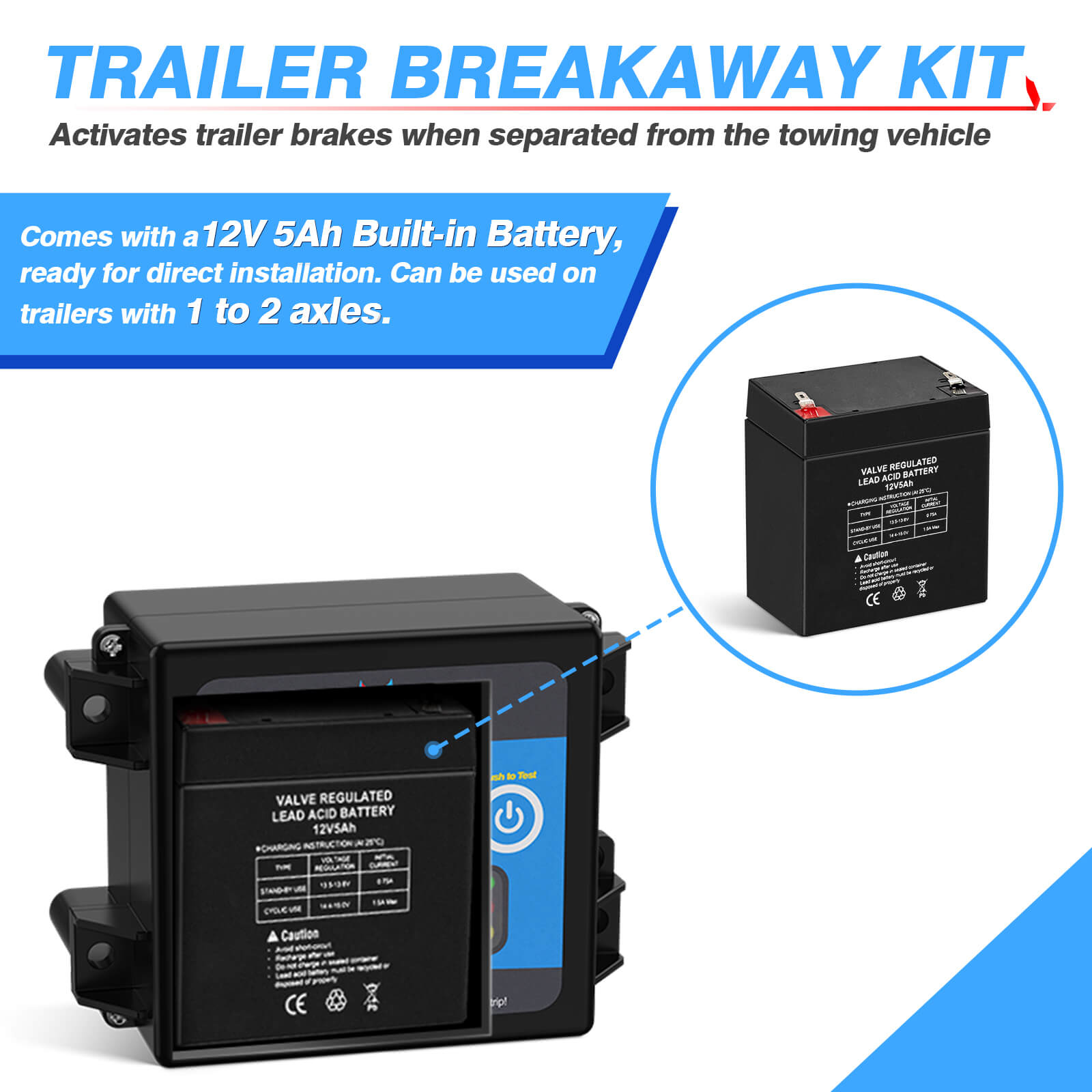 Trailer Brakes Breakaway Kit with Charger, LED Indicator, Switch, 12V 5AH Built-in Battery for Towing Trailer Caravan