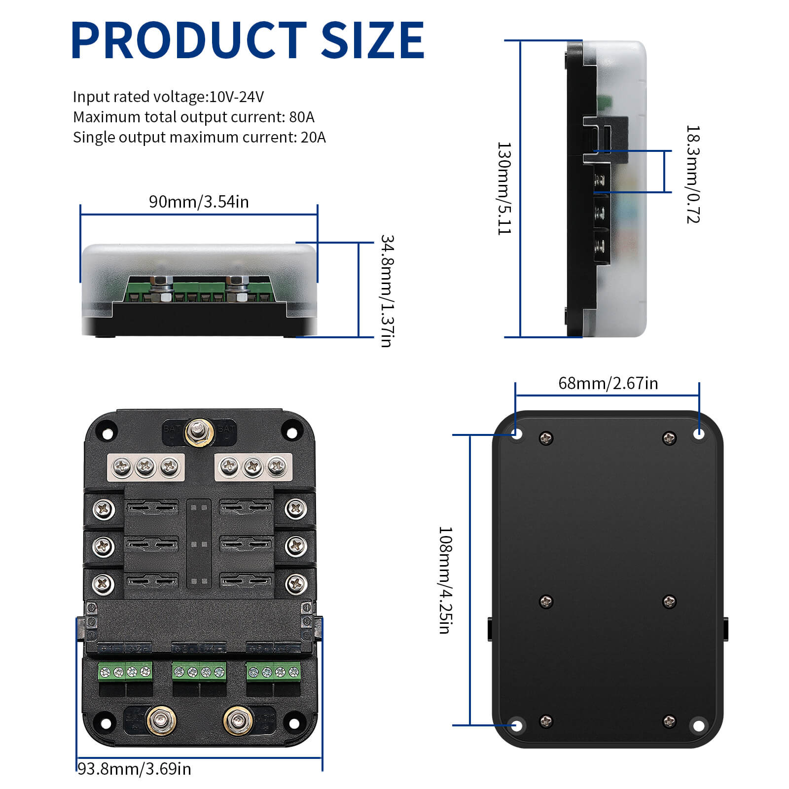 6 Way Fuse Box - 10-24V Blade Fuse Circuit Block Panel with LED Warning Indicator & Damp-Proof Cover