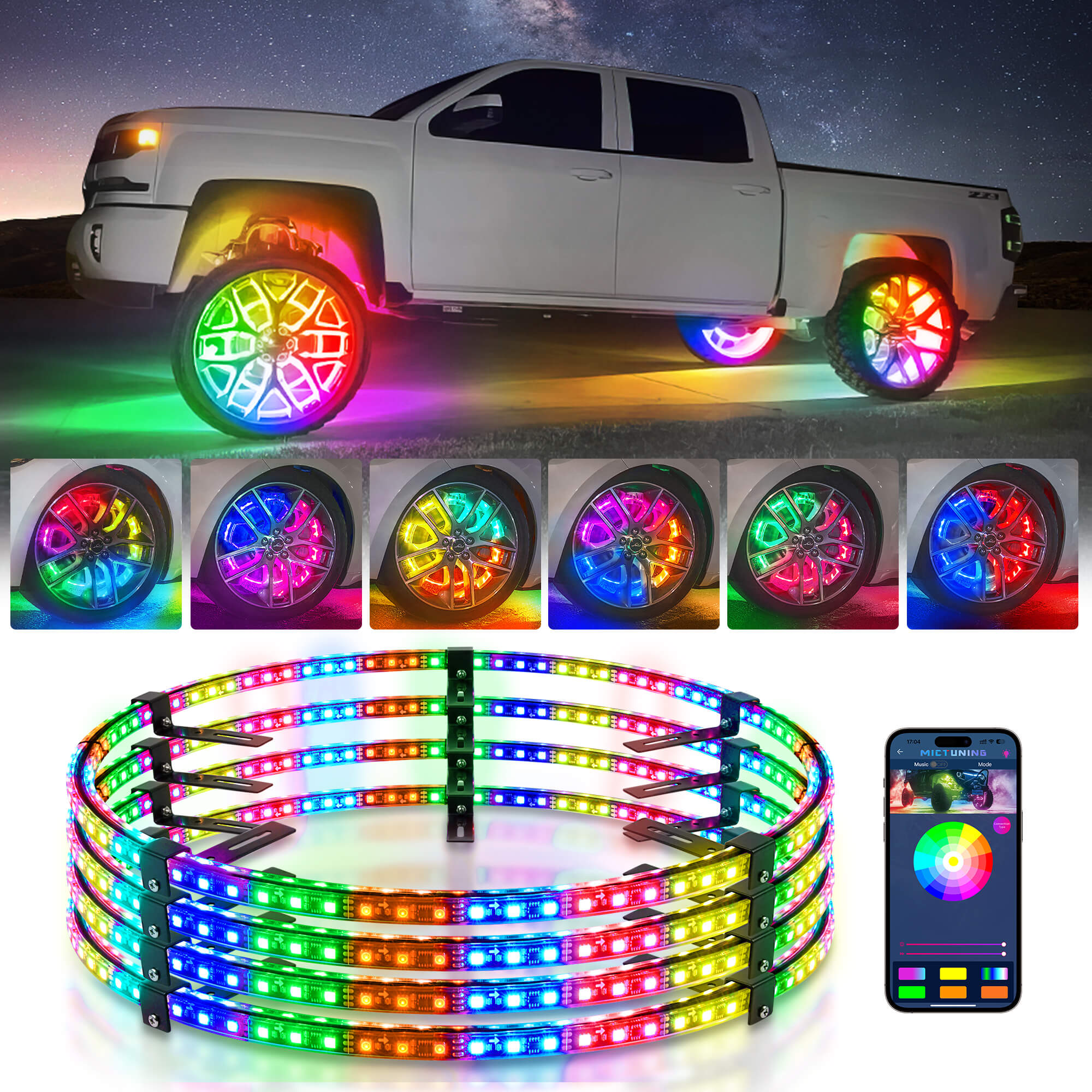 15.5″/17″ V1 RGB+IC Chasing Color Wheel Ring Lights Kit with APP Control, Double-Row Neon Wheel Rim Lights