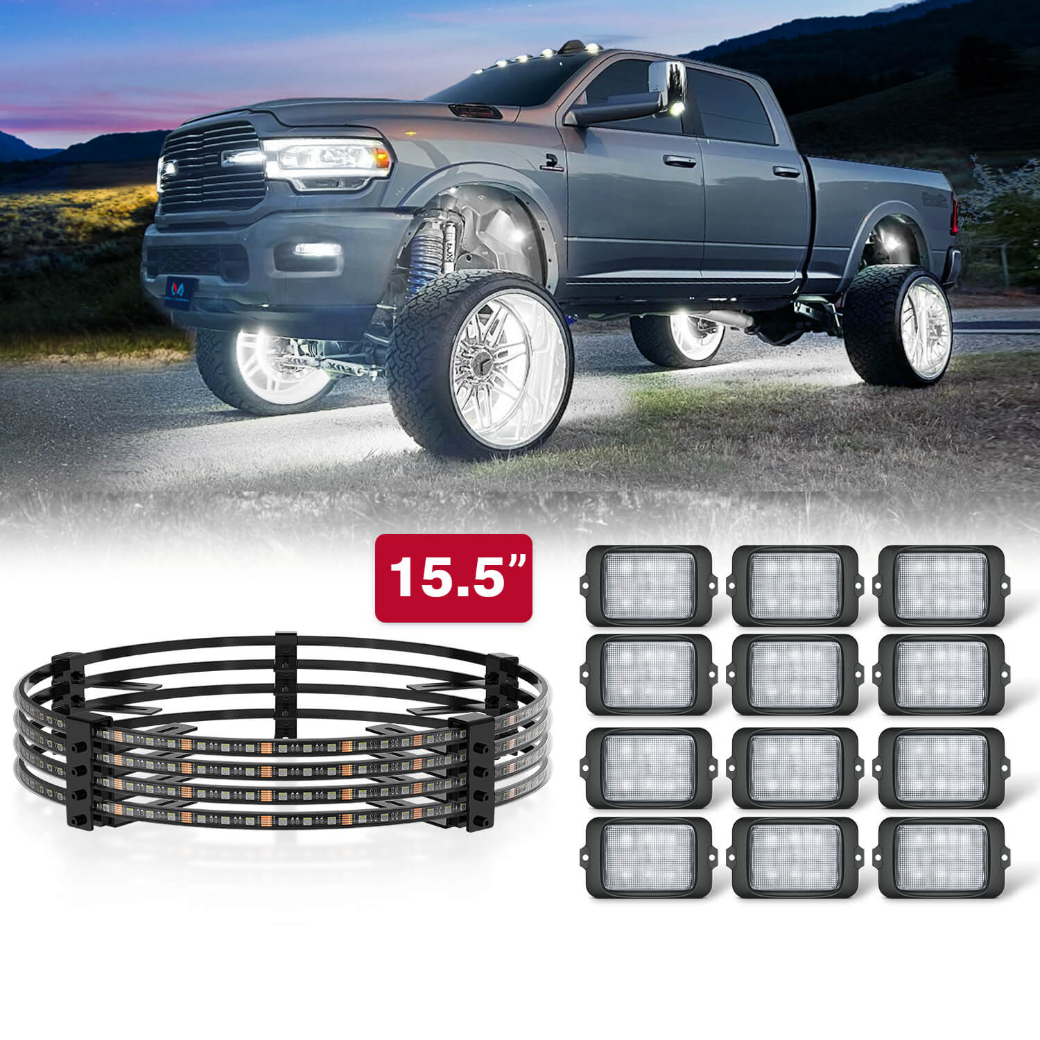 C3 RGBW Rock Lights Kit with V1 RGBW Wheel Ring Lights Kit