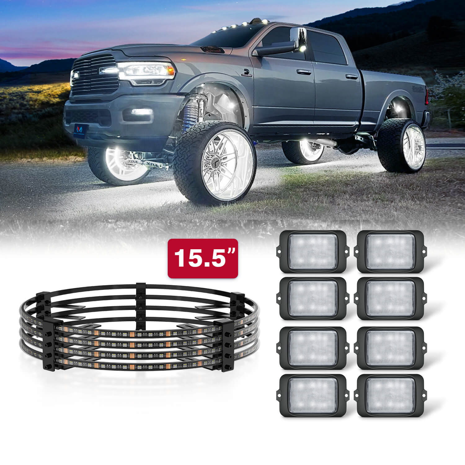 C3 RGBW Rock Lights Kit with V1 RGBW Wheel Ring Lights Kit