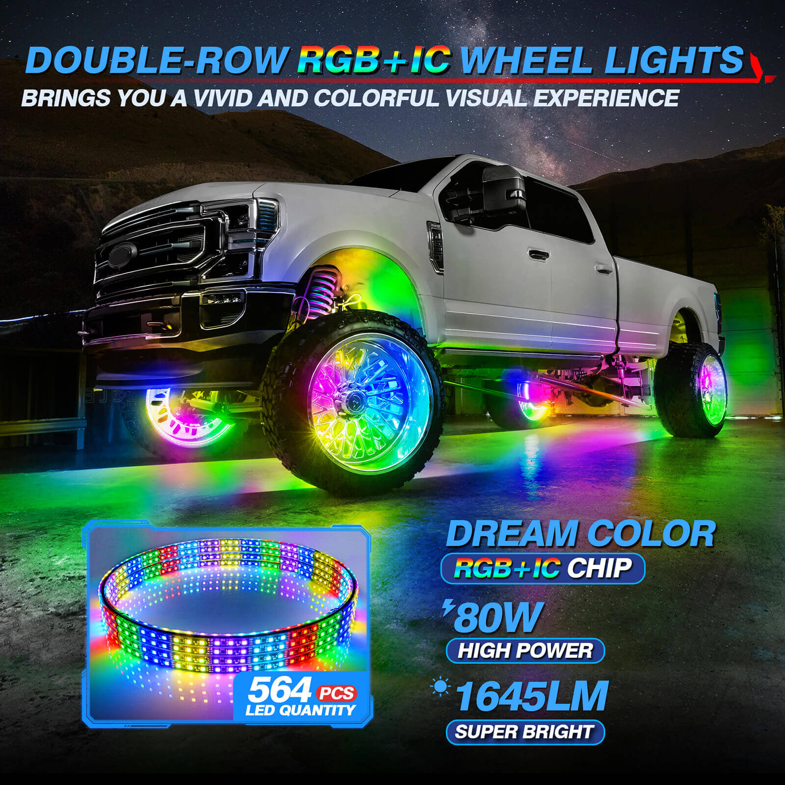 15.5″/17″ V1 RGB+IC Chasing Color Wheel Ring Lights Kit with APP Control, Double-Row Neon Wheel Rim Lights