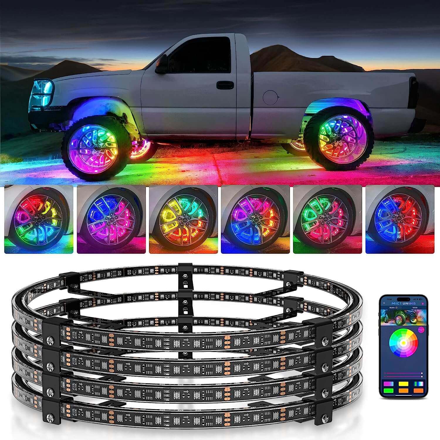 C2 RGB+IC LED Rock Lights Kit Bundle with 15.5″/17″ V1 RGB+IC Wheel Ring Lights Kit