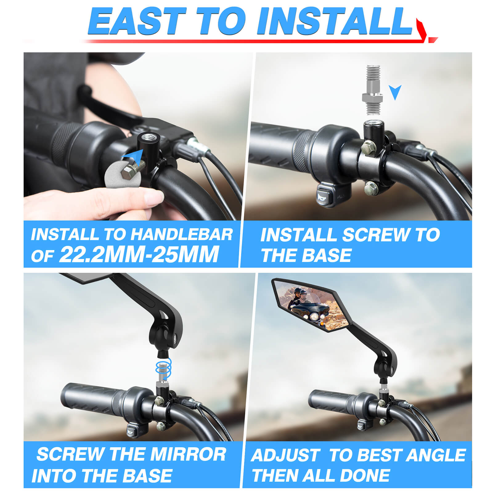 Bike Handlebar Mirror for 22mm-25mm Handlebars, 360 Degree Adjustable Rotatable Wide Angle Bicycle Mirrors