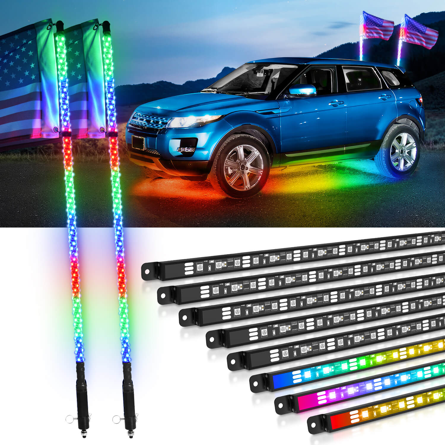 N8 RGB+IC LED Car Underglow Light Kit Bundle with W1 LED Whip Lights Kit