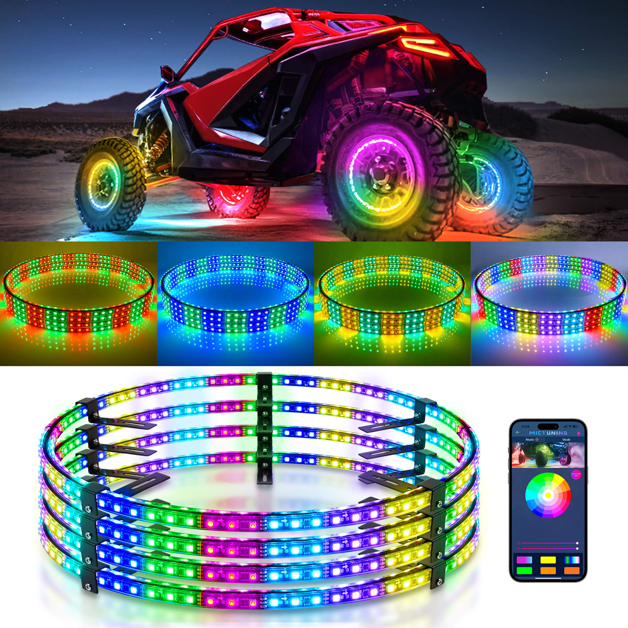 15.5″/17″ V1 RGB+IC Chasing Color Wheel Ring Lights Kit with APP Control, Double-Row Neon Wheel Rim Lights