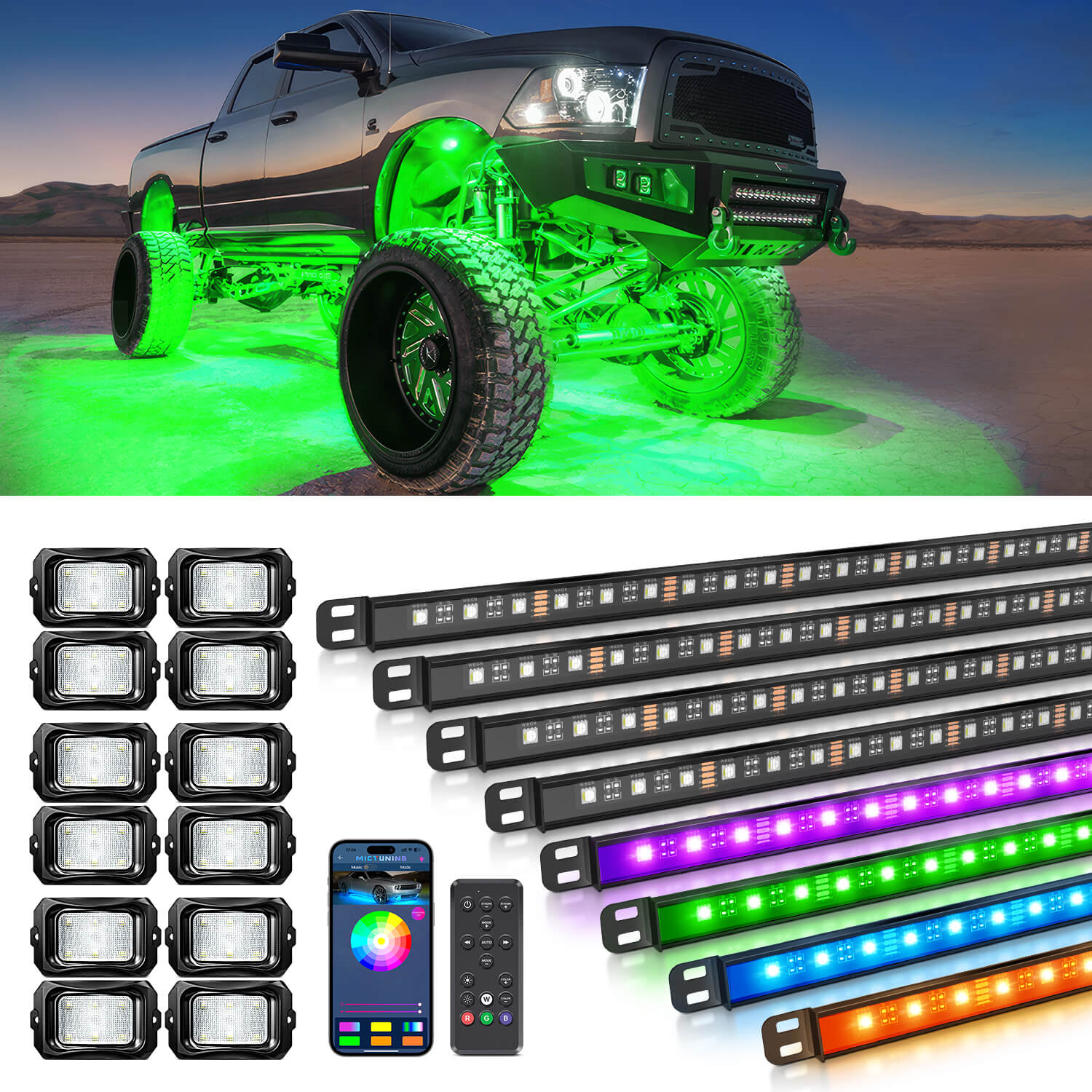 N8 RGBW LED Car Underglow Light Kit Bundle with C2 RGBW LED Rock Lights