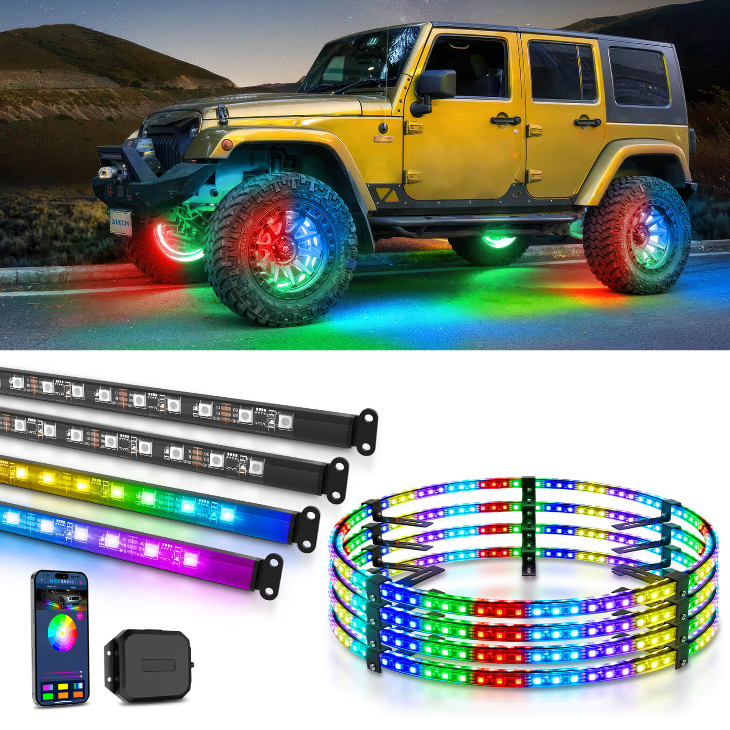 N3 RGB+IC Car Underglow Light Strip Kit Bundle with V1 RGB + IC Wheel Ring Lights