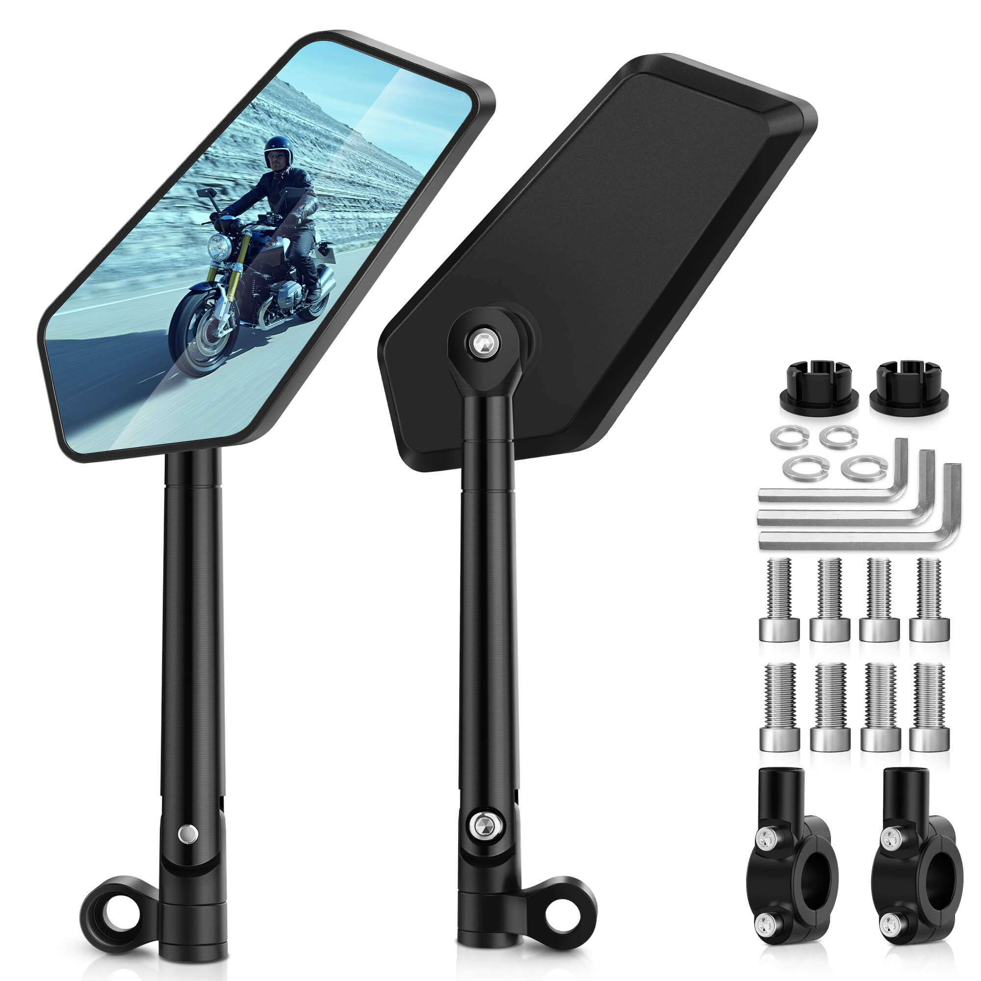 Pentagonal Bike Rearview Mirrors Anti-glare Convex Blue Lens, Aluminum Alloy, 360° Rotatable with M8 M10 Socket or 22mm Diameter Handlebar