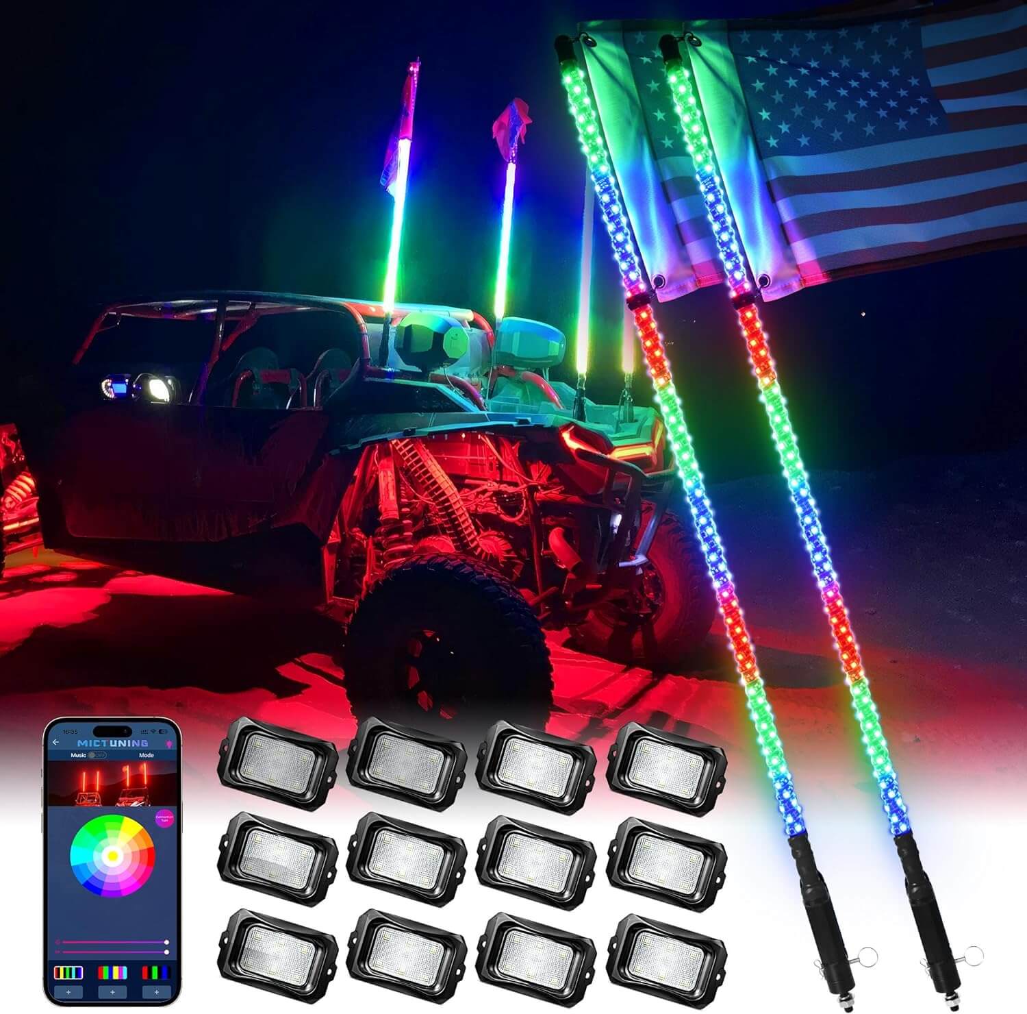 C2 RGB+IC Chasing Color LED Rock Lights Kit Bundle W1 3FT/4FT Spiral LED Whip Lights Kit