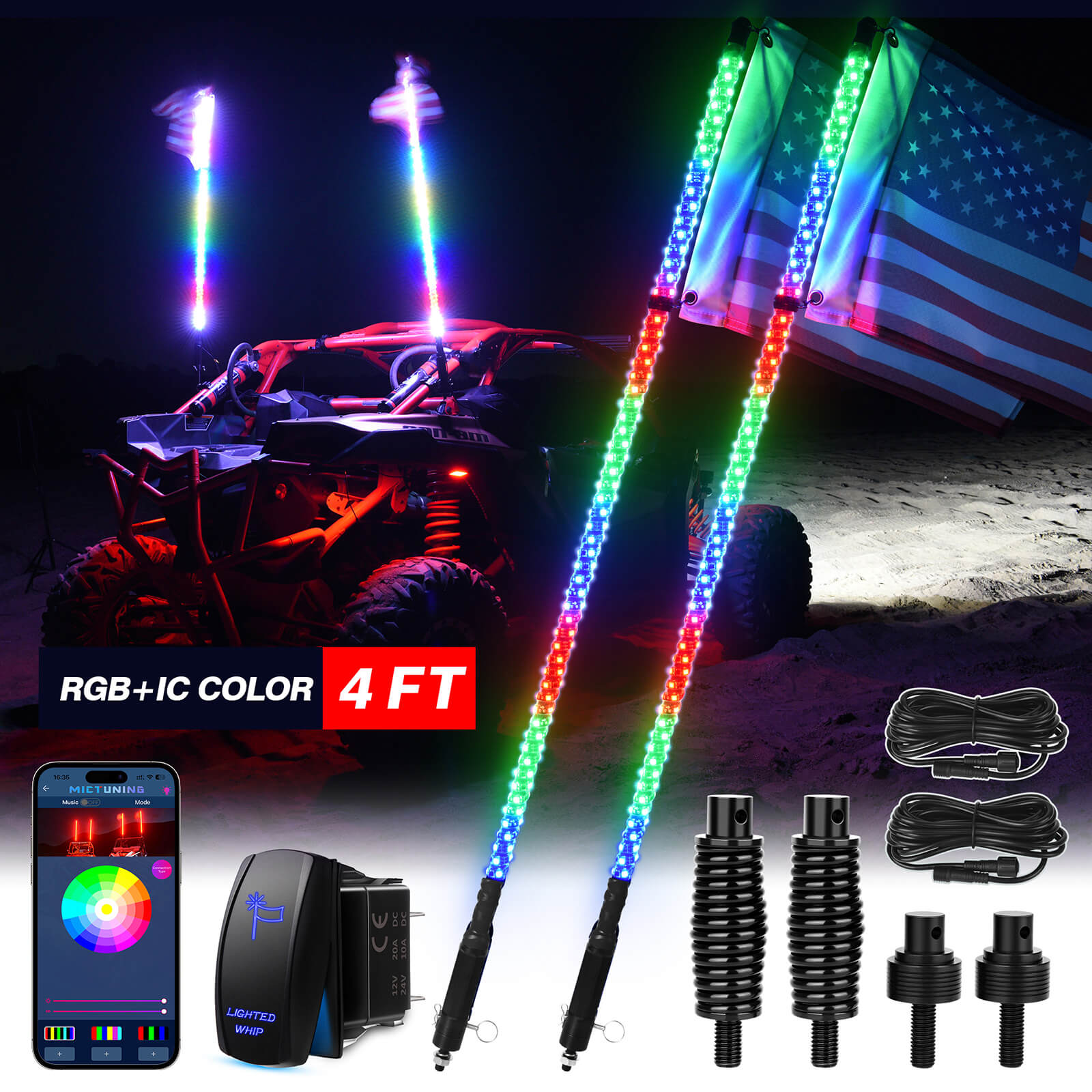 3FT/4FT W1 Spiral RGB Chasing Color Whip Lights with 5 Pin WHIP LIGHT Blue Lights Rocker Switch