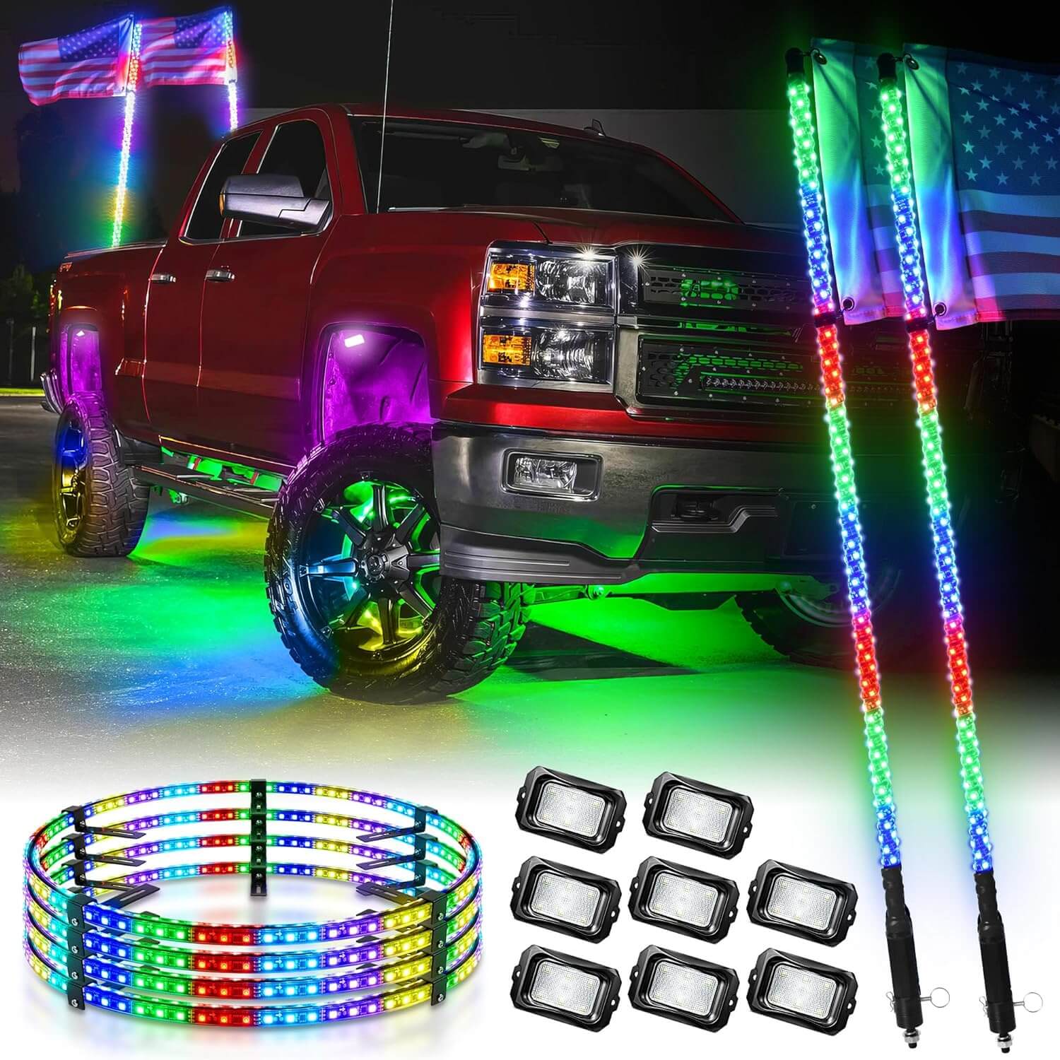 Three-Piece RGB+IC Collection, C2 RGB+IC Rock Lights 8 Pods, 4ft W1 Whip Lights Kit with Chasing Color Wheel Ring Lights