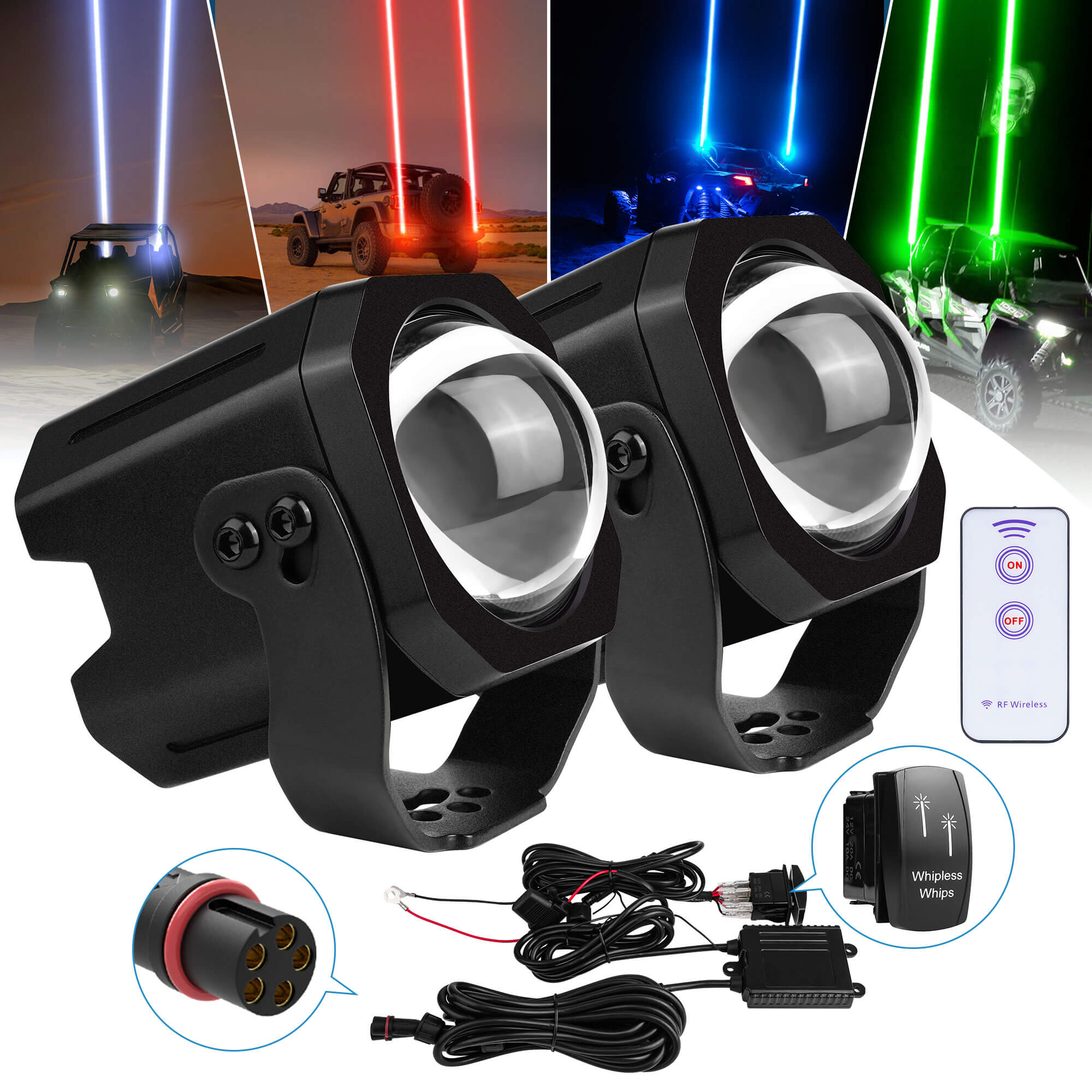 48W LED Whip Lights Square/Round, Whipless Antenna, Spot Beam Pod Lights LED, Rocker Switch & Remote Control