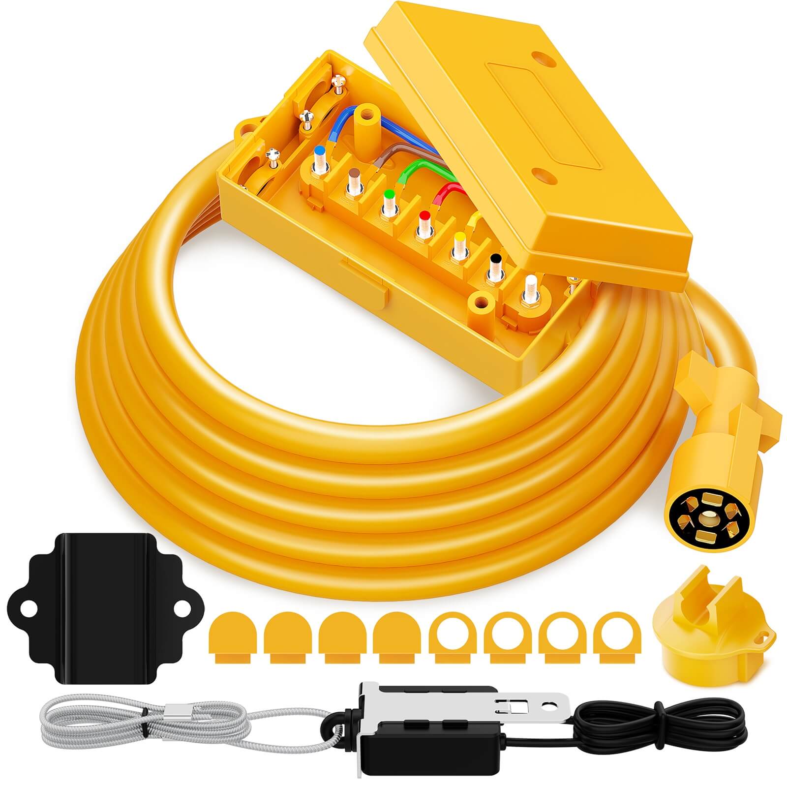 8/12 FT Heavy Duty 7 Way Trailer Cord Plug Connector with Yellow Cover 7 Gang Junction Box, Weatherproof