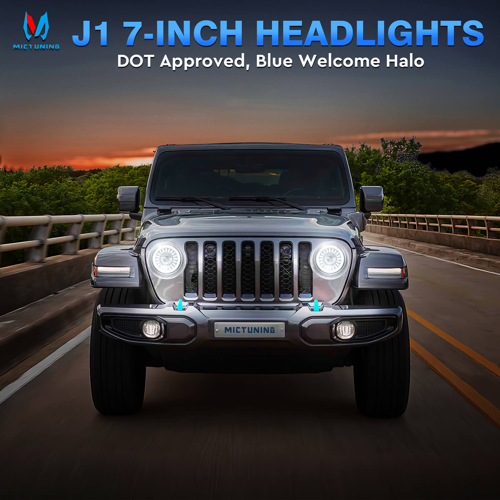 J1 7″ LED Headlights with Blue Welcome Halo Bundle with Bluetooth RGB Switch Panel P1s