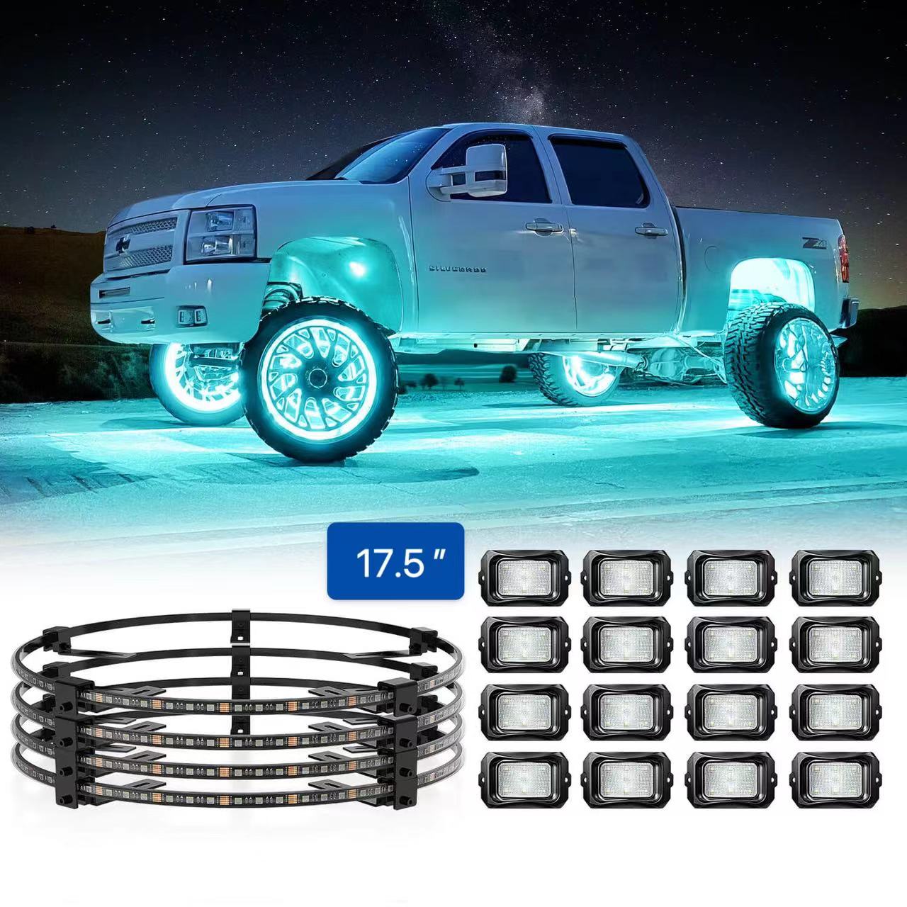 C2 RGBW Rock Lights Kit 8-16 Pods Plus with 15.5″/17.5″ RGBW LED Wheel Ring Lighting Kit