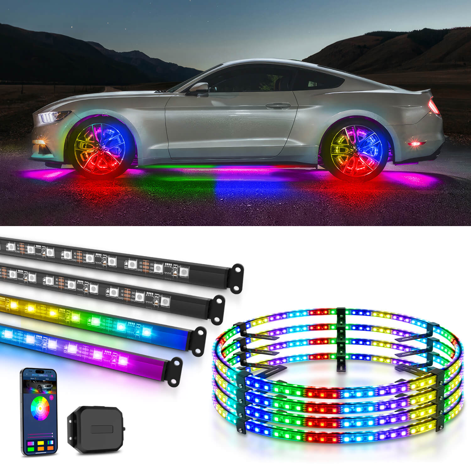 N3 RGB+IC Car Underglow Light Strip Kit Bundle with V1 RGB + IC Wheel Ring Lights