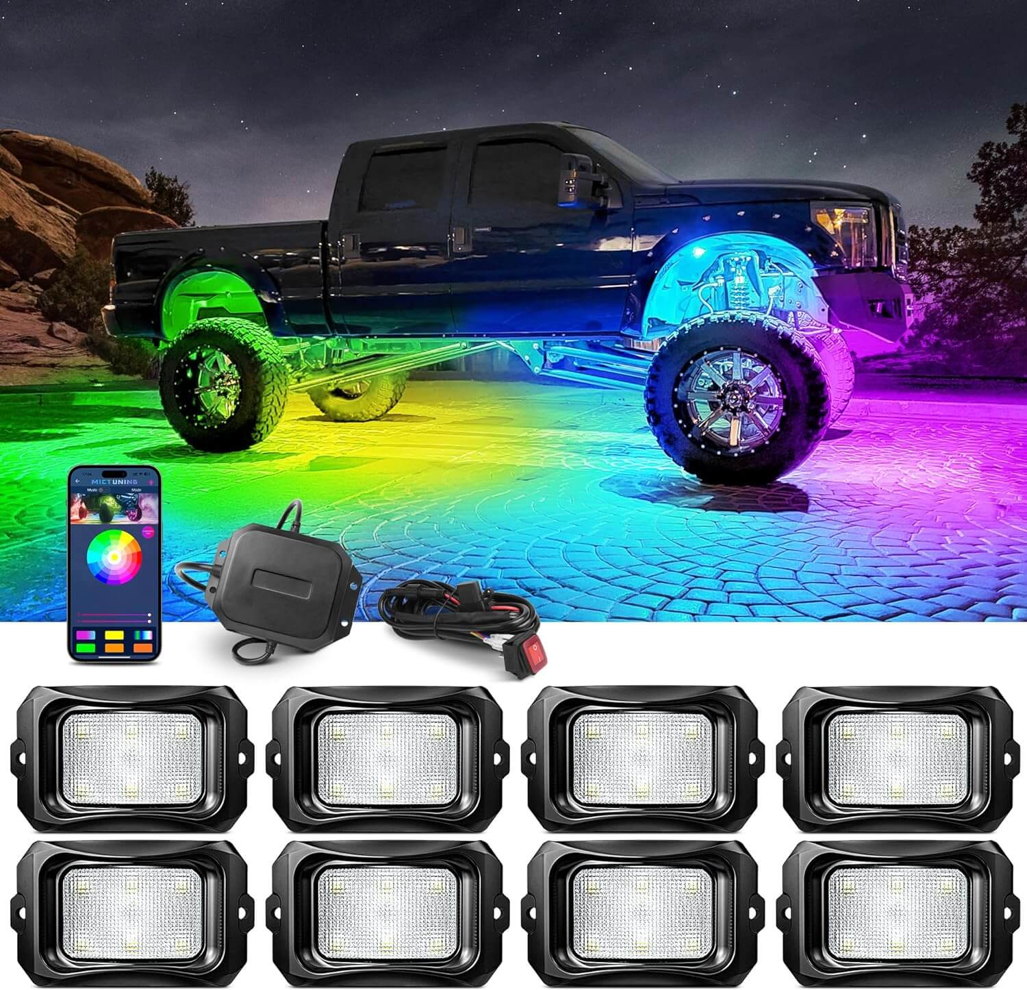 Three-Piece RGB+IC Collection, C2 RGB+IC Rock Lights 8 Pods, 4ft W1 Whip Lights Kit with Chasing Color Wheel Ring Lights