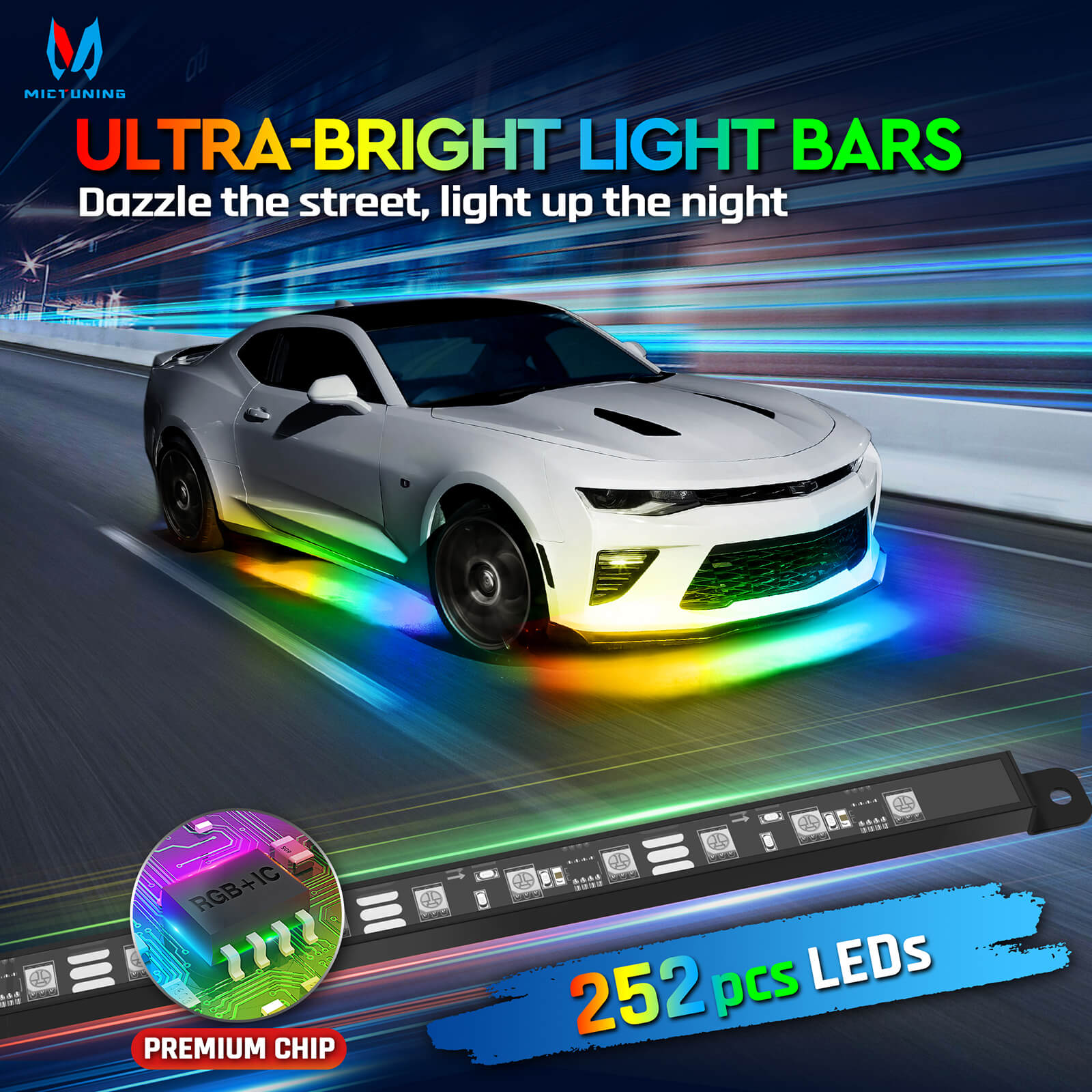 N8 RGB+IC LED Car Underglow Light Kit Bundle with W1 LED Whip Lights Kit