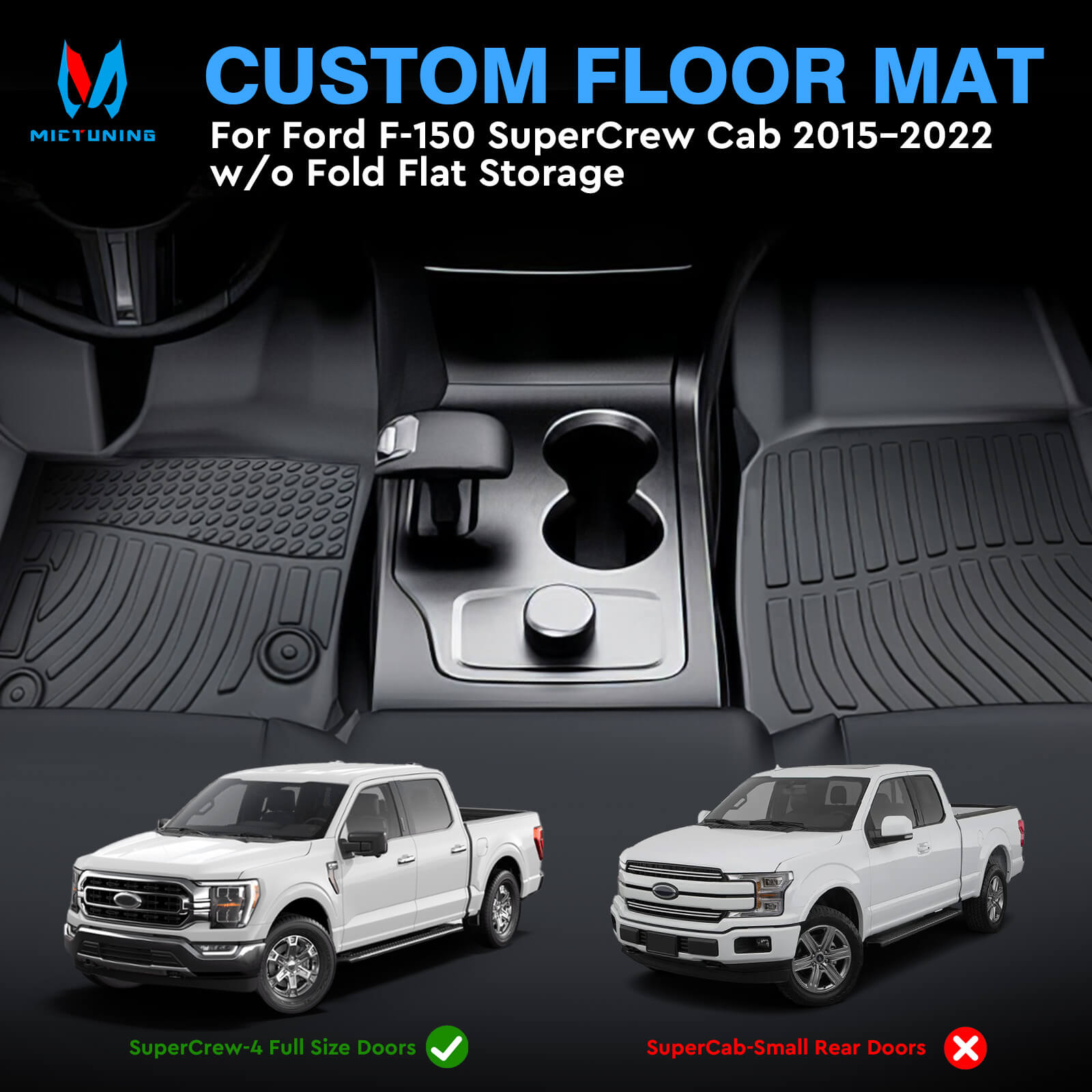 For Ford F-150 SuperCrew Cab 2015-2022 Floor Mats, 1st & 2nd Row Liner Set, Custom Fit TPE All Weather Car Liners