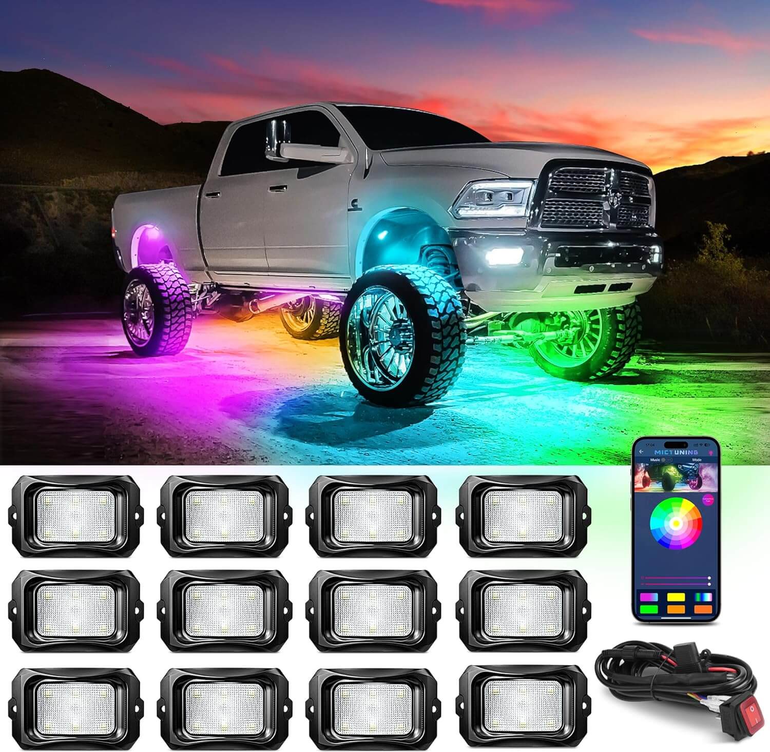 C2 RGB+IC LED Rock Lights Kit with 1pcs 6.56ft Extension Cable