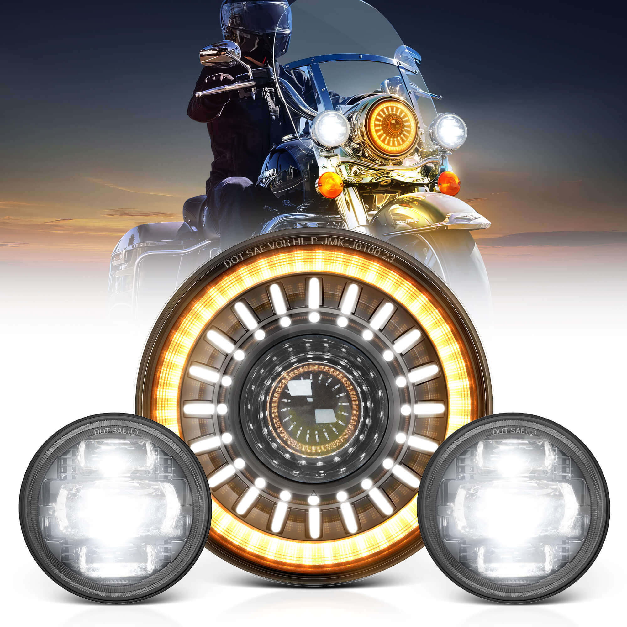 J1 7″ Motorcycle LED Headlight w/ 4.5″ Fog Lights Assembly, Head Lamp Kit, DOT Approved, Compatible with Electra Glide Road King Softail